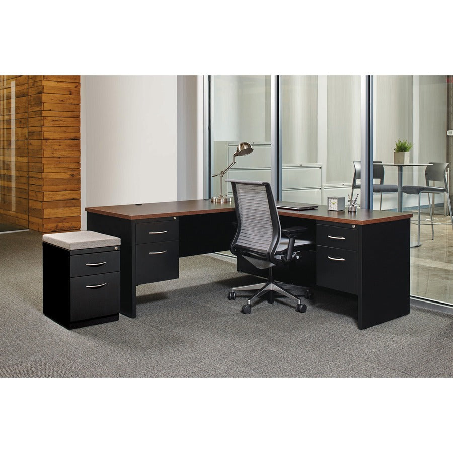 Lorell Fortress Modular Series Desk - 72" x 36" , 1.1" Top - 2 x Box, File Drawer(s) - Single Pedestal on Left Side - Material: Steel - Finish: Walnut Laminate, Black - Scratch Resistant, Stain Resistant, Ball-bearing Suspension, Grommet, Handle, Cor