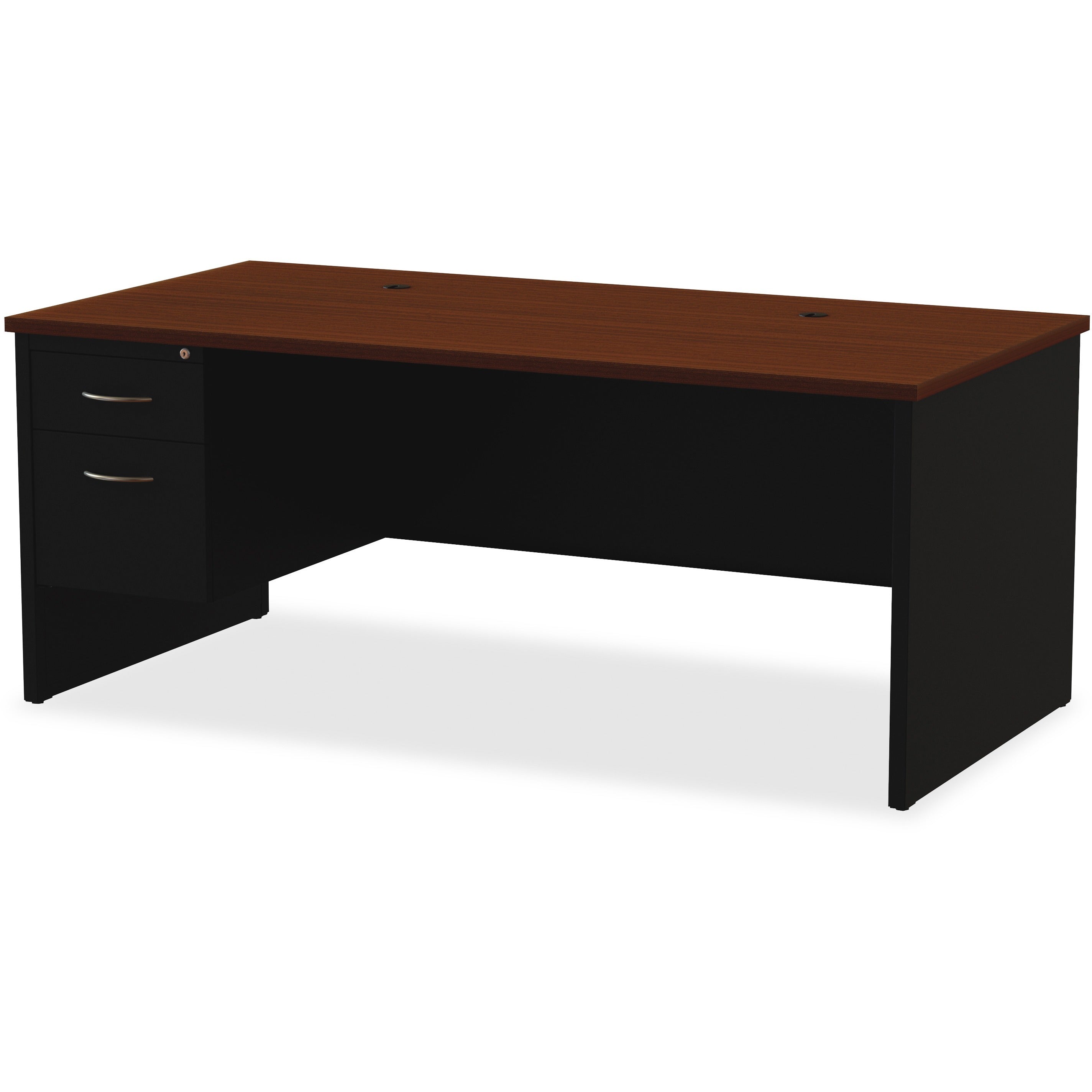 Lorell Fortress Modular Series Desk - 72" x 36" , 1.1" Top - 2 x Box, File Drawer(s) - Single Pedestal on Left Side - Material: Steel - Finish: Walnut Laminate, Black - Scratch Resistant, Stain Resistant, Ball-bearing Suspension, Grommet, Handle, Cor - 2