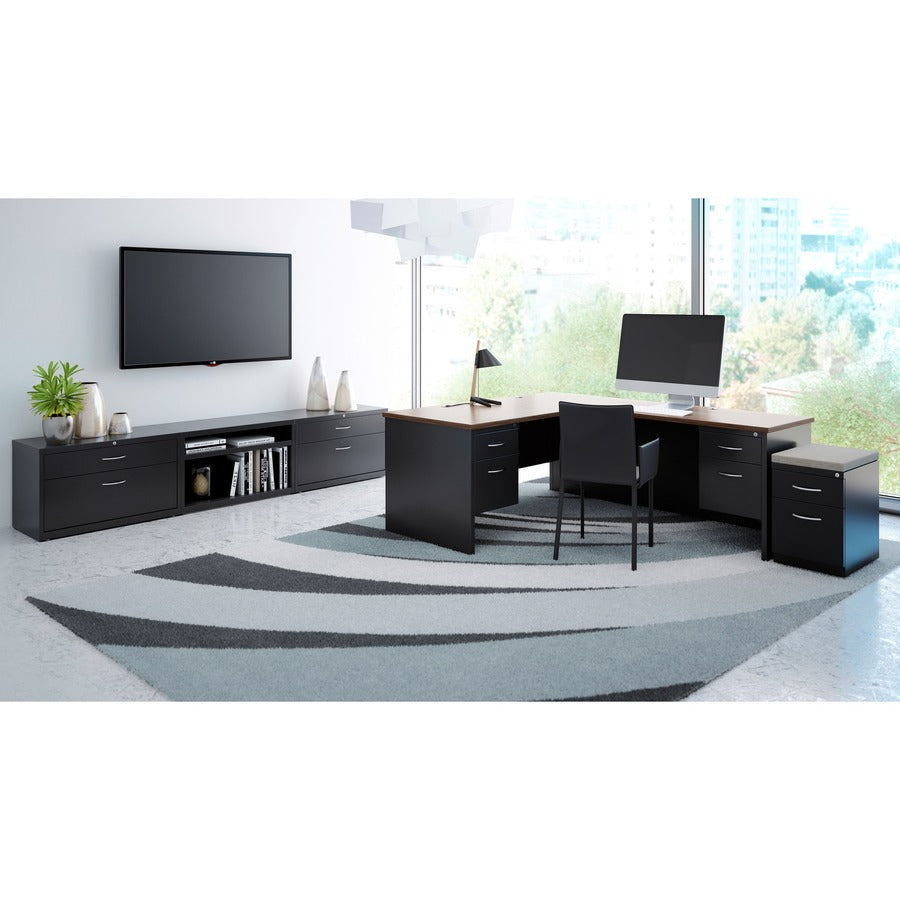 Lorell Fortress Modular Series Desk - 72" x 36" , 1.1" Top - 2 x Box, File Drawer(s) - Single Pedestal on Left Side - Material: Steel - Finish: Walnut Laminate, Black - Scratch Resistant, Stain Resistant, Ball-bearing Suspension, Grommet, Handle, Cor - 8