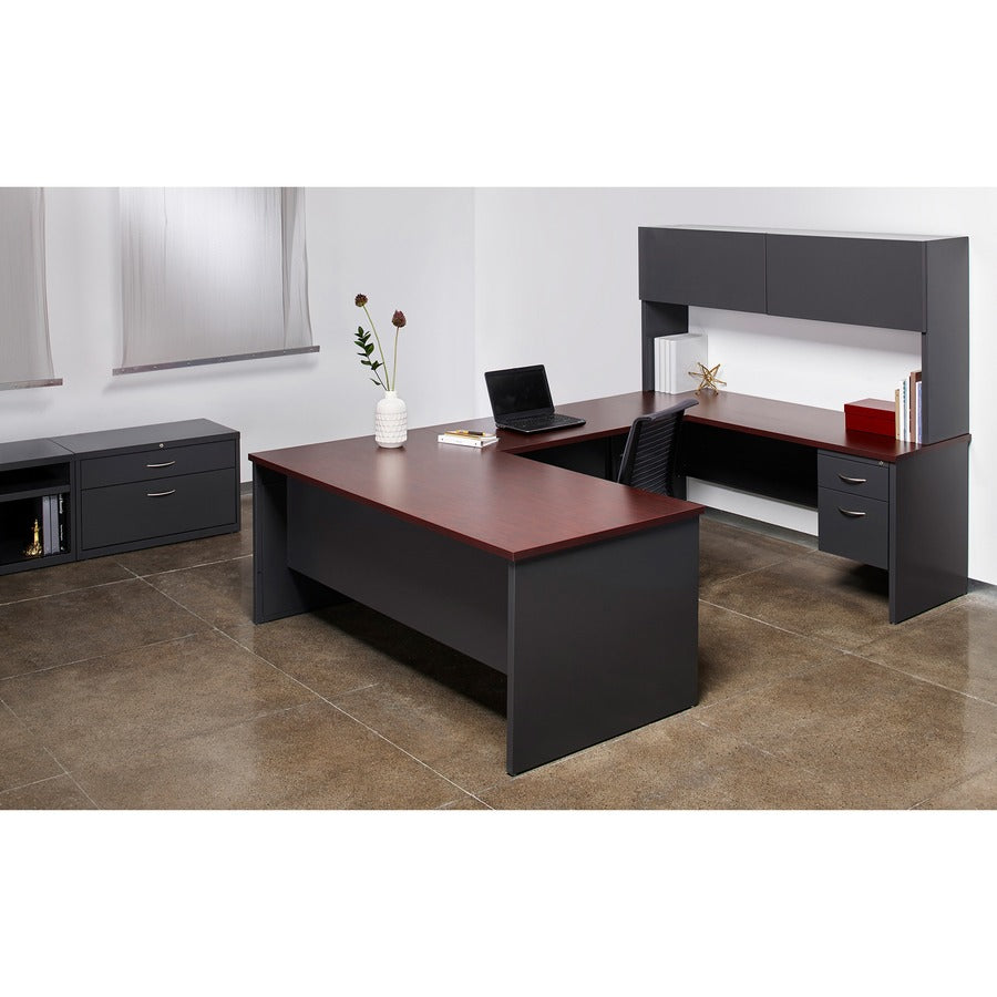 Lorell Fortress Modular Series Left-Pedestal Desk - 72" x 36" , 1.1" Top - 2 x Box, File Drawer(s) - Single Pedestal on Left Side - Material: Steel - Finish: Mahogany Laminate, Charcoal - Scratch Resistant, Stain Resistant, Ball-bearing Suspension, G