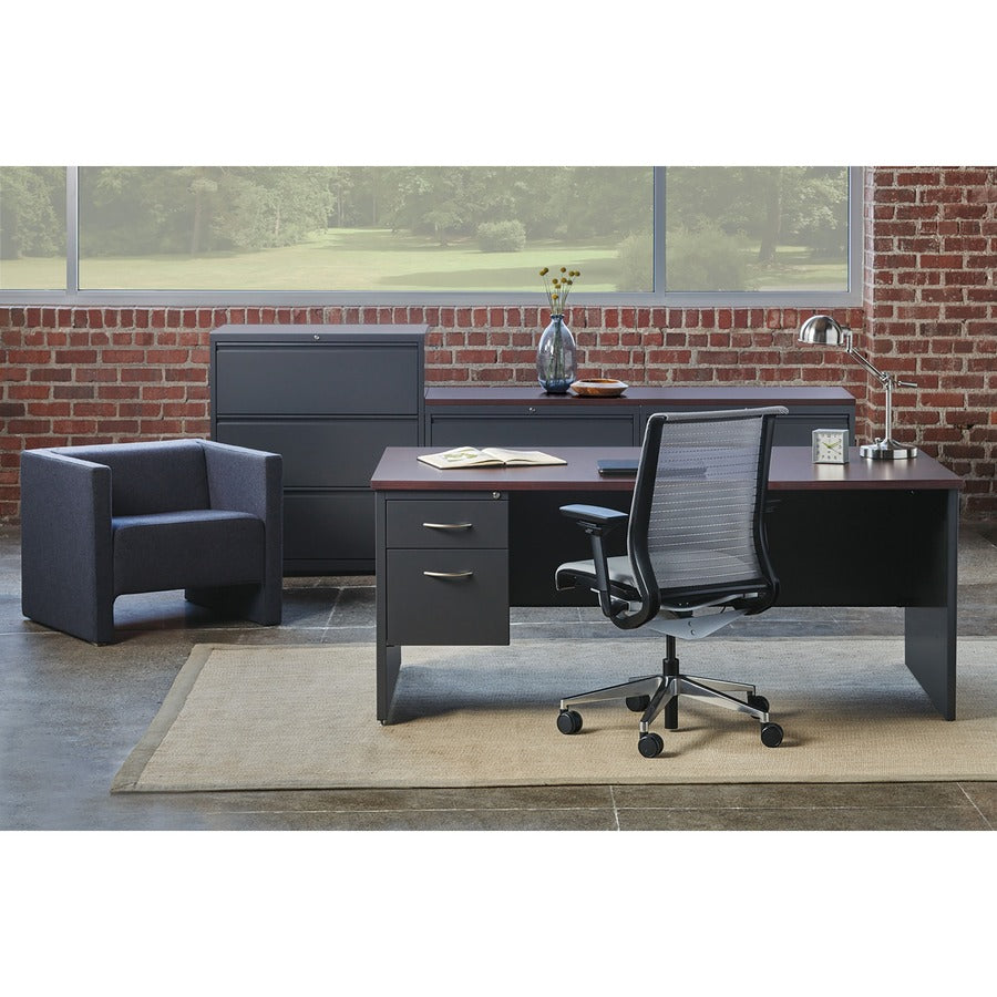 Lorell Fortress Modular Series Left-Pedestal Desk - 72" x 36" , 1.1" Top - 2 x Box, File Drawer(s) - Single Pedestal on Left Side - Material: Steel - Finish: Mahogany Laminate, Charcoal - Scratch Resistant, Stain Resistant, Ball-bearing Suspension, G