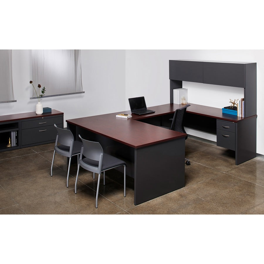 Lorell Fortress Modular Series Left-Pedestal Desk - 72" x 36" , 1.1" Top - 2 x Box, File Drawer(s) - Single Pedestal on Left Side - Material: Steel - Finish: Mahogany Laminate, Charcoal - Scratch Resistant, Stain Resistant, Ball-bearing Suspension, G