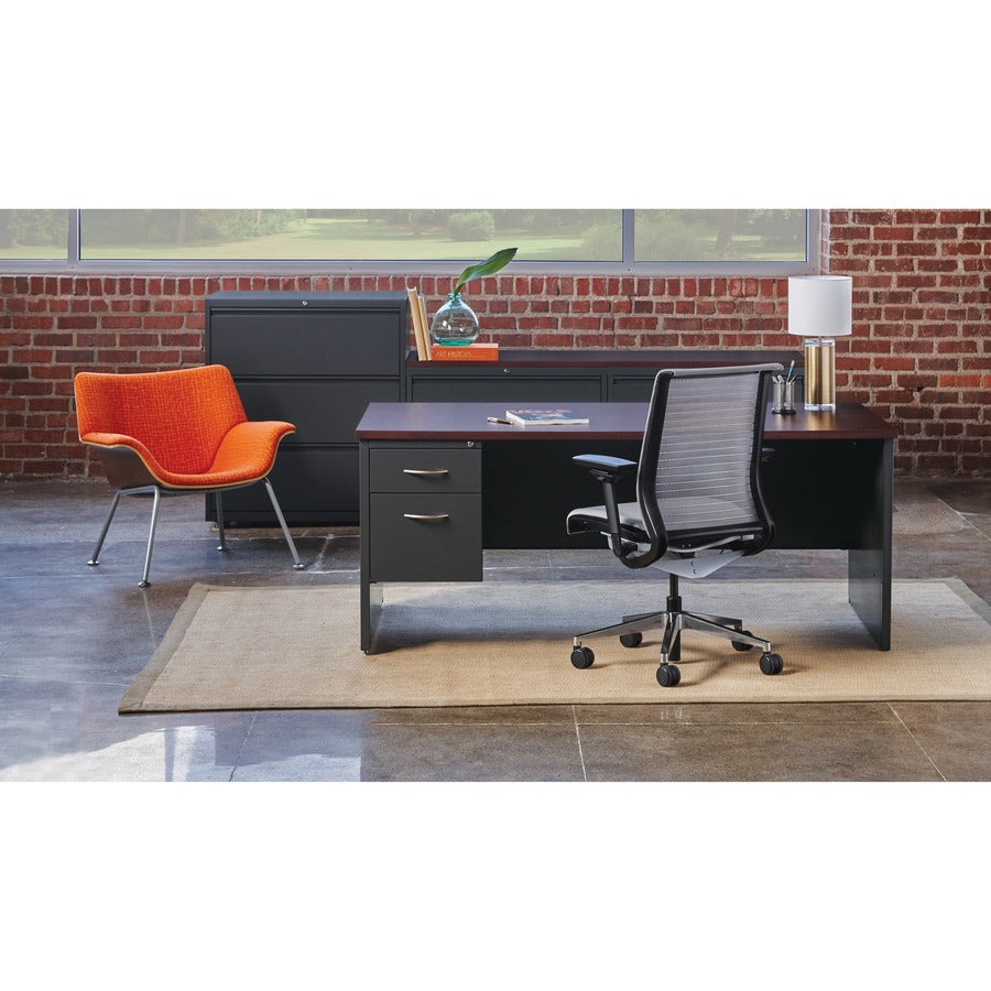 Lorell Fortress Modular Series Left-Pedestal Desk - 72" x 36" , 1.1" Top - 2 x Box, File Drawer(s) - Single Pedestal on Left Side - Material: Steel - Finish: Mahogany Laminate, Charcoal - Scratch Resistant, Stain Resistant, Ball-bearing Suspension, G