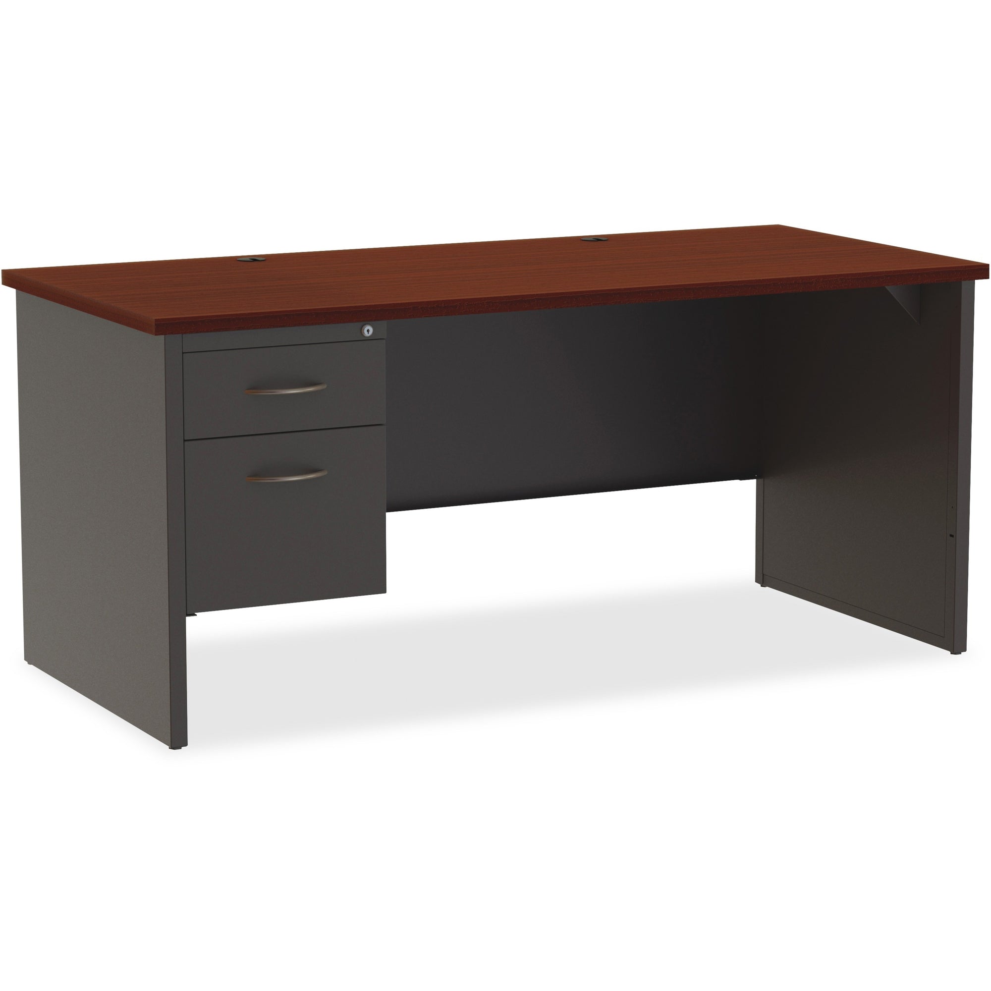 Lorell Fortress Modular Series Left-Pedestal Desk - 66" x 30" , 1.1" Top - 2 x Box, File Drawer(s) - Single Pedestal on Left Side - Material: Steel - Finish: Mahogany Laminate, Charcoal - Scratch Resistant, Stain Resistant, Ball-bearing Suspension, G