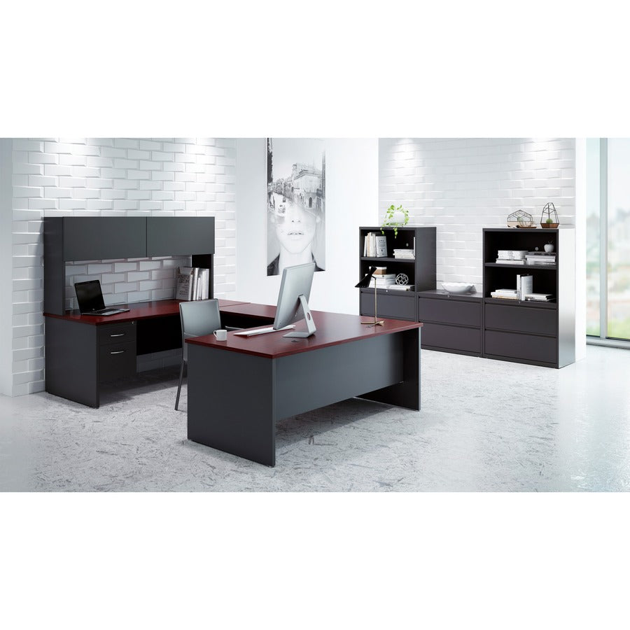 Lorell Fortress Modular Series Left-Pedestal Desk - 66" x 30" , 1.1" Top - 2 x Box, File Drawer(s) - Single Pedestal on Left Side - Material: Steel - Finish: Mahogany Laminate, Charcoal - Scratch Resistant, Stain Resistant, Ball-bearing Suspension, G