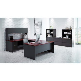 Lorell Fortress Modular Series Left-Pedestal Desk - 66" x 30" , 1.1" Top - 2 x Box, File Drawer(s) - Single Pedestal on Left Side - Material: Steel - Finish: Mahogany Laminate, Charcoal - Scratch Resistant, Stain Resistant, Ball-bearing Suspension, G