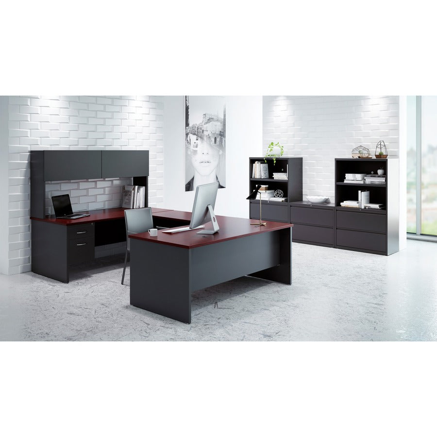 Lorell Fortress Modular Series Left-Pedestal Desk - 66" x 30" , 1.1" Top - 2 x Box, File Drawer(s) - Single Pedestal on Left Side - Material: Steel - Finish: Mahogany Laminate, Charcoal - Scratch Resistant, Stain Resistant, Ball-bearing Suspension, G - 