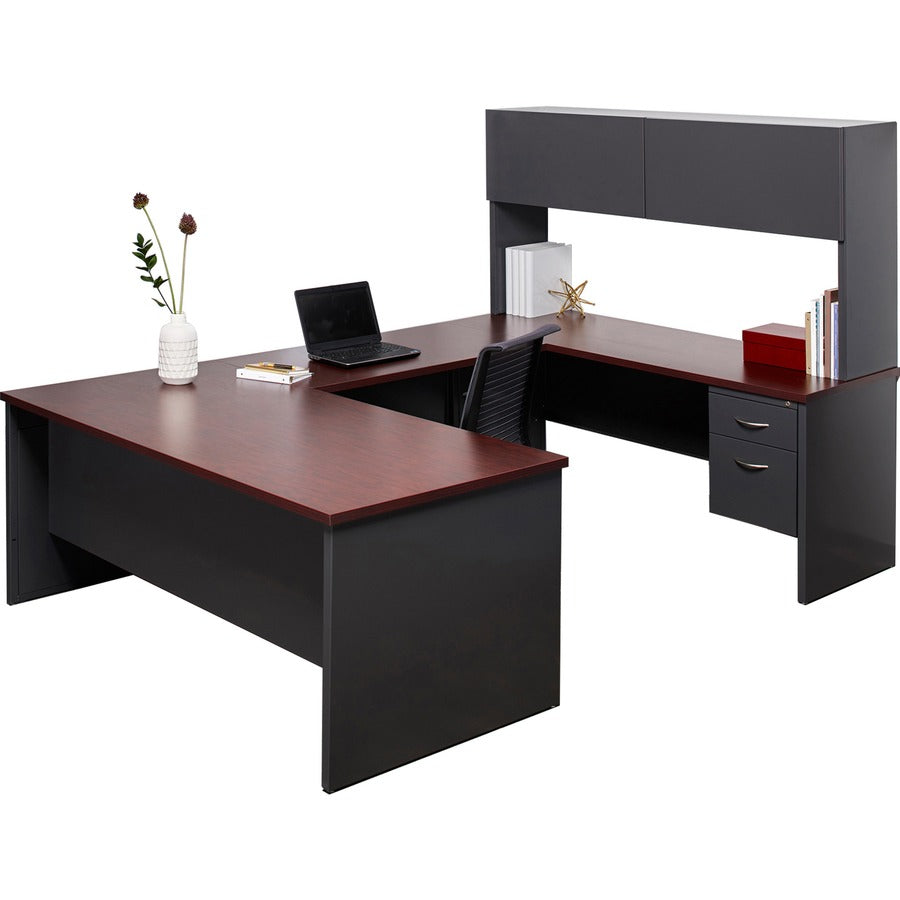 Lorell Fortress Modular Series Left-Pedestal Desk - 66" x 30" , 1.1" Top - 2 x Box, File Drawer(s) - Single Pedestal on Left Side - Material: Steel - Finish: Mahogany Laminate, Charcoal - Scratch Resistant, Stain Resistant, Ball-bearing Suspension, G - 