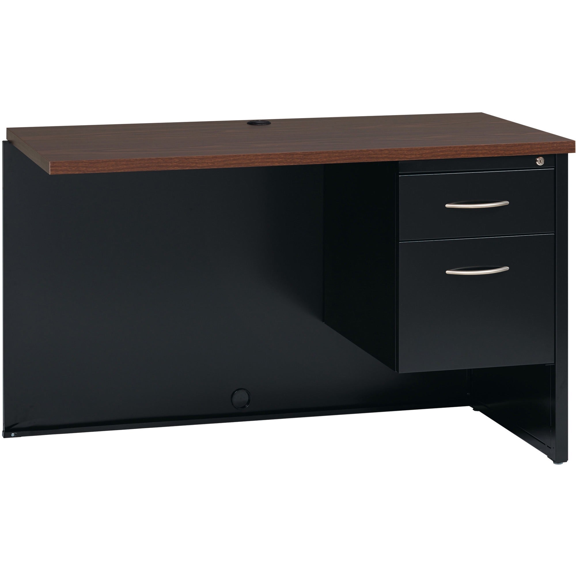 Lorell Fortress Modular Series Right Return - 48" x 24" , 1.1" Top - 2 x Box, File Drawer(s) - Single Pedestal on Right Side - Material: Steel - Finish: Walnut Laminate, Black - Scratch Resistant, Stain Resistant, Ball-bearing Suspension, Grommet, Ha - 1