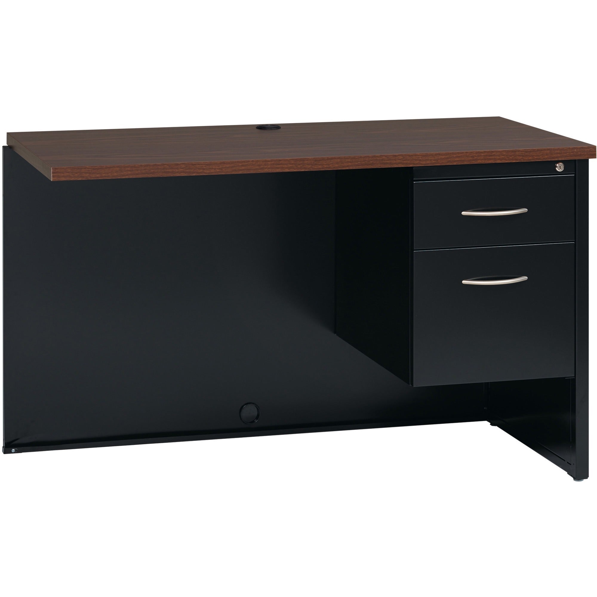 Lorell Fortress Modular Series Right Return - 48" x 24" , 1.1" Top - 2 x Box, File Drawer(s) - Single Pedestal on Right Side - Material: Steel - Finish: Walnut Laminate, Black - Scratch Resistant, Stain Resistant, Ball-bearing Suspension, Grommet, Ha