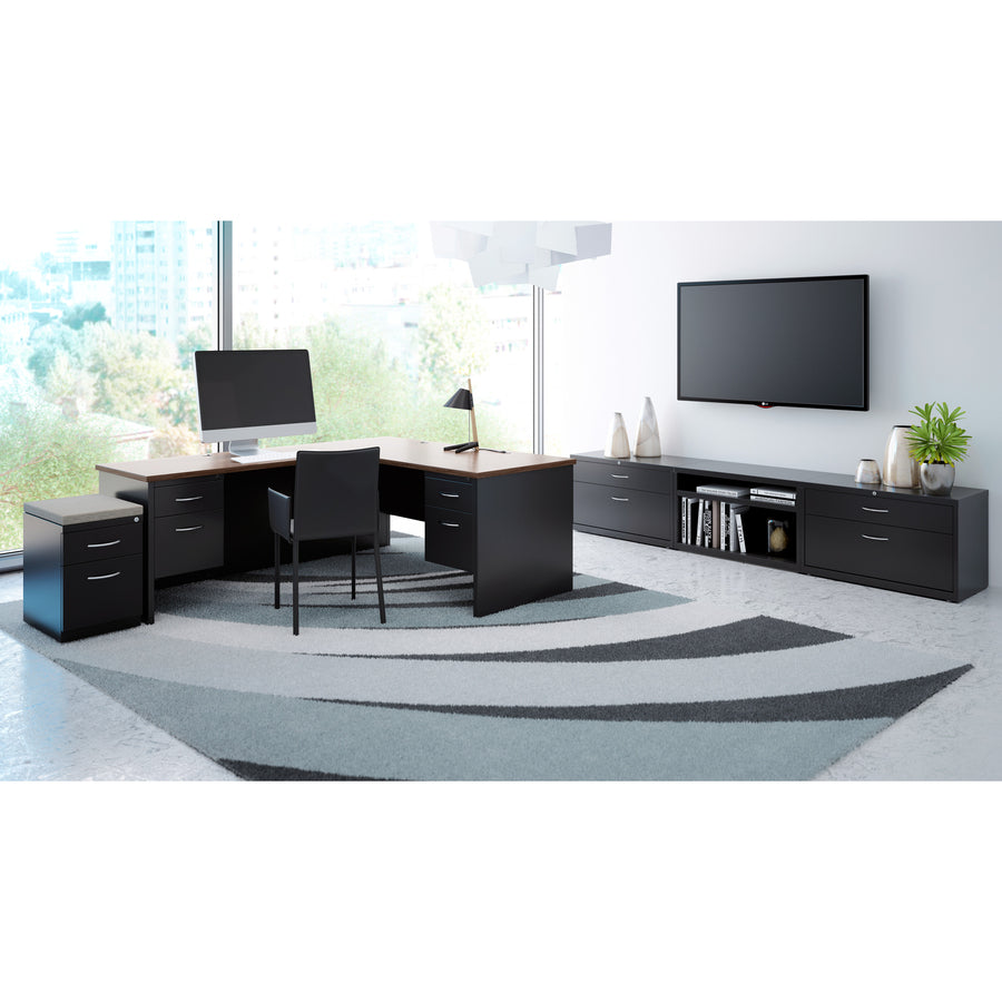Lorell Fortress Modular Series Right Return - 48" x 24" , 1.1" Top - 2 x Box, File Drawer(s) - Single Pedestal on Right Side - Material: Steel - Finish: Walnut Laminate, Black - Scratch Resistant, Stain Resistant, Ball-bearing Suspension, Grommet, Ha - 5