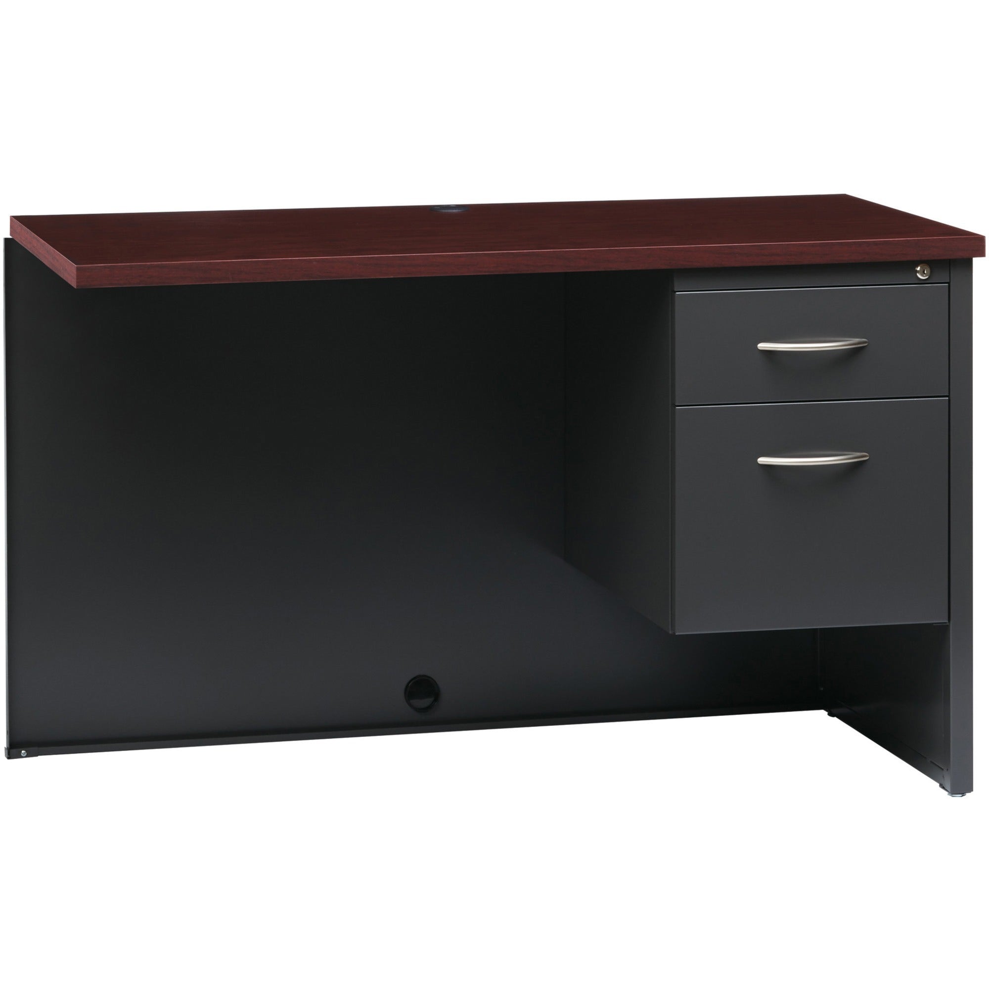 Lorell Fortress Modular Series Right Return - 48" x 24" , 1.1" Top - 2 x Box, File Drawer(s) - Single Pedestal on Right Side - Material: Steel - Finish: Mahogany Laminate, Charcoal - Scratch Resistant, Stain Resistant, Ball-bearing Suspension, Gromme
