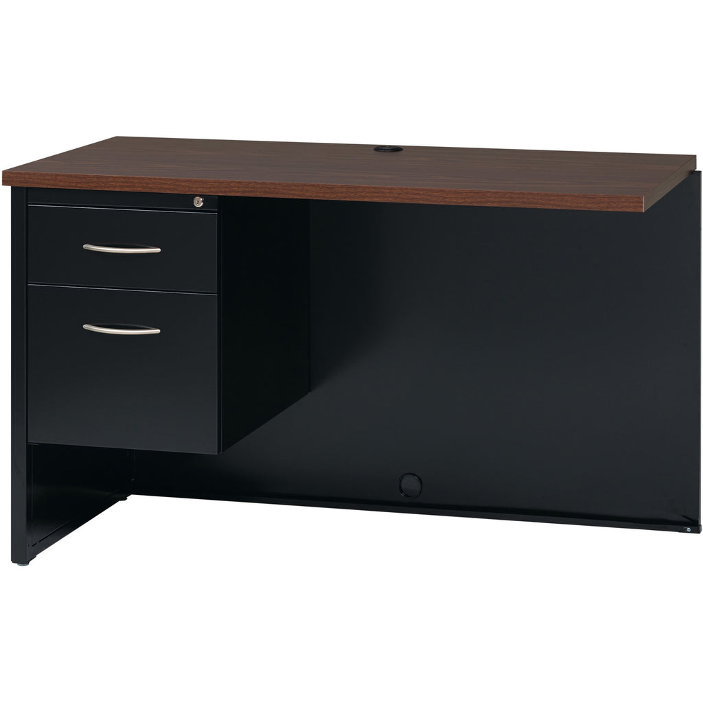 Lorell Fortress Modular Series Left Return - 48" x 24" , 1.1" Top - 2 x Box, File Drawer(s) - Single Pedestal on Left Side - Material: Steel - Finish: Walnut Laminate, Black - Scratch Resistant, Stain Resistant, Ball-bearing Suspension, Grommet, Hand