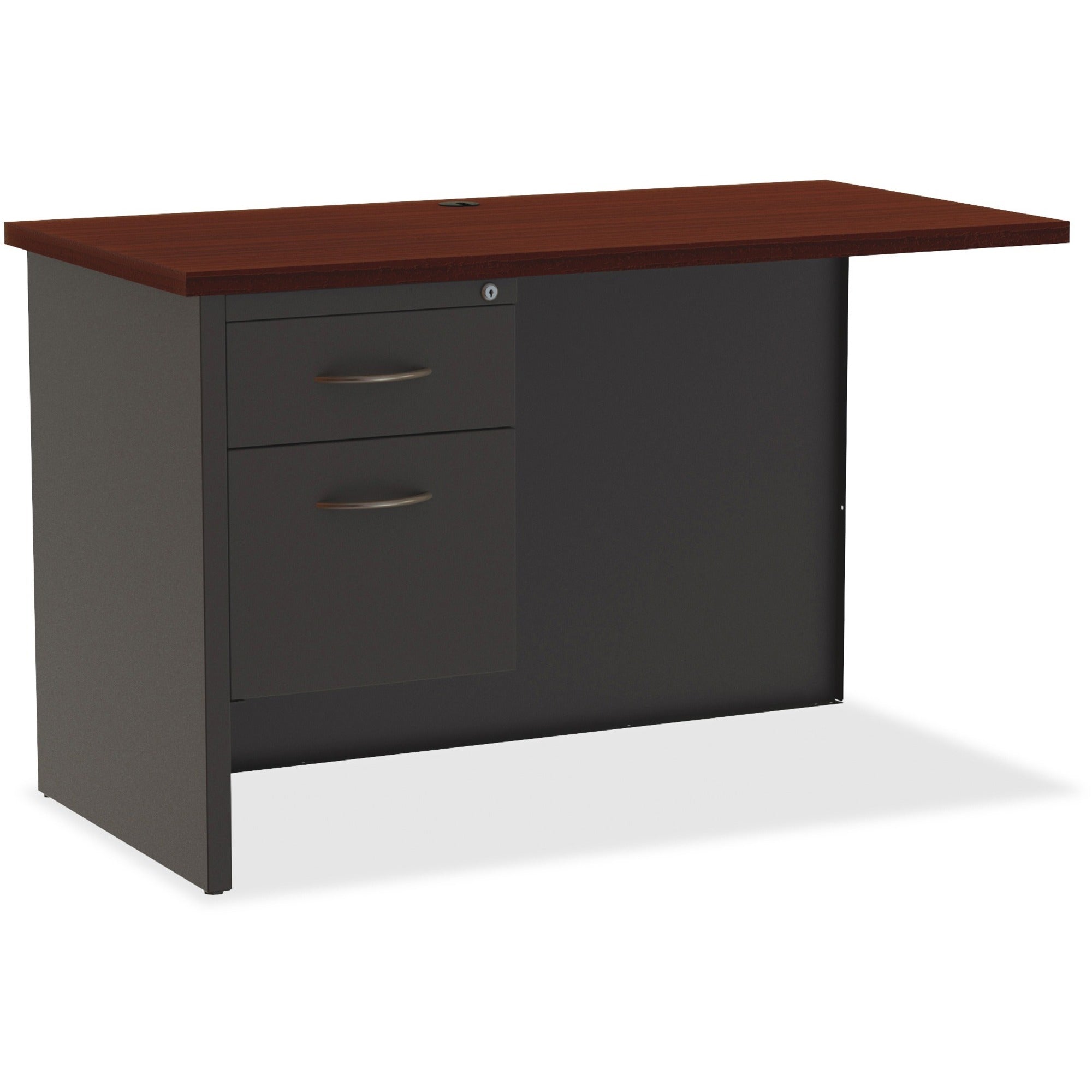 Lorell Fortress Modular Series Left Return - 48" x 24" , 1.1" Top - 2 x Box, File Drawer(s) - Single Pedestal on Left Side - Material: Steel - Finish: Mahogany Laminate, Charcoal - Scratch Resistant, Stain Resistant, Ball-bearing Suspension, Grommet, - 