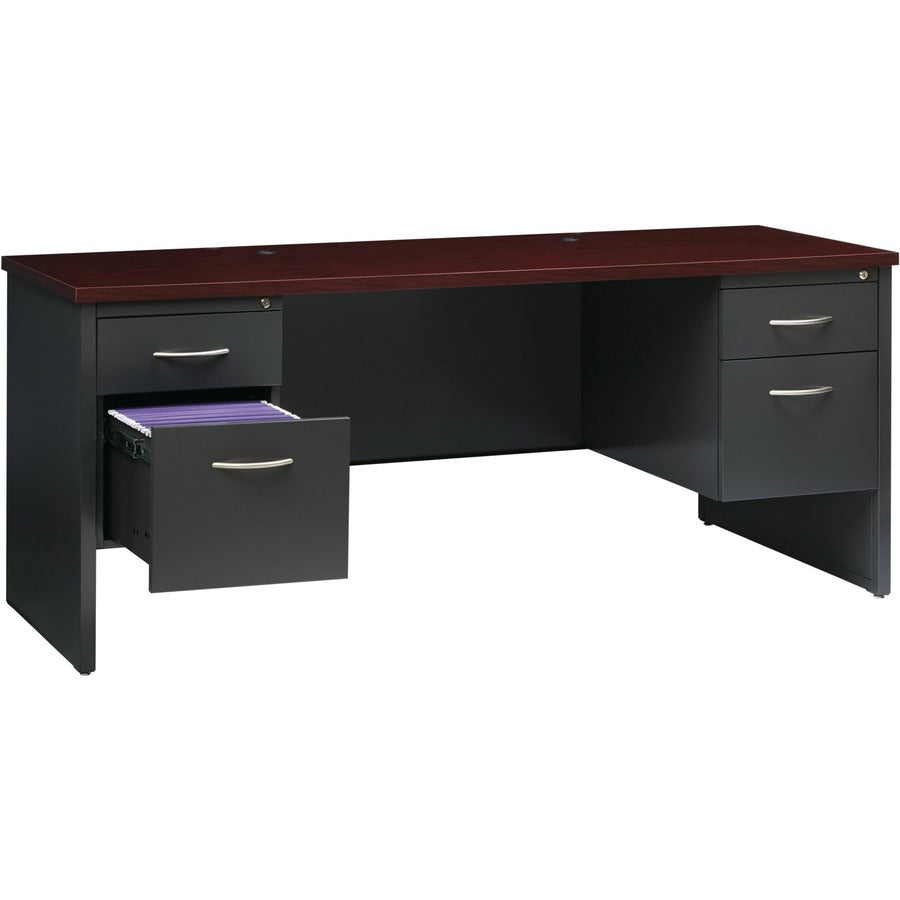 Lorell Fortress Modular Series Double-pedestal Credenza - 72" x 24" , 1.1" Top - 2 x Box, File Drawer(s) - Double Pedestal - Material: Steel - Finish: Mahogany Laminate, Charcoal - Scratch Resistant, Stain Resistant, Ball-bearing Suspension, Grommet,