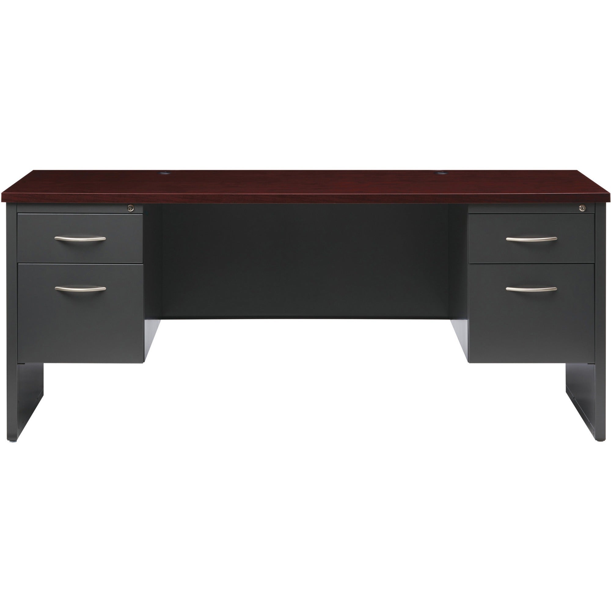Lorell Fortress Modular Series Double-pedestal Credenza - 72" x 24" , 1.1" Top - 2 x Box, File Drawer(s) - Double Pedestal - Material: Steel - Finish: Mahogany Laminate, Charcoal - Scratch Resistant, Stain Resistant, Ball-bearing Suspension, Grommet, - 