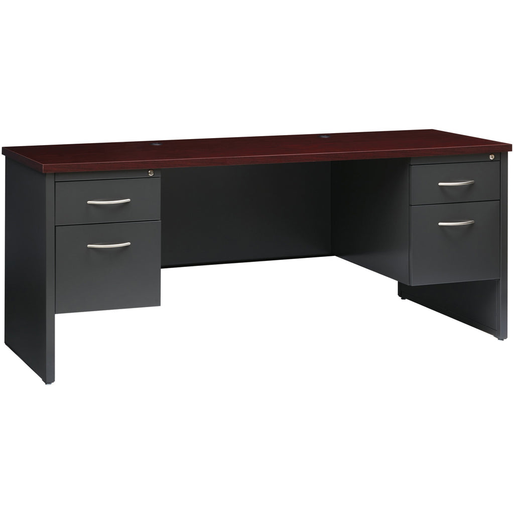 Lorell Fortress Modular Series Double-pedestal Credenza - 72" x 24" , 1.1" Top - 2 x Box, File Drawer(s) - Double Pedestal - Material: Steel - Finish: Mahogany Laminate, Charcoal - Scratch Resistant, Stain Resistant, Ball-bearing Suspension, Grommet,
