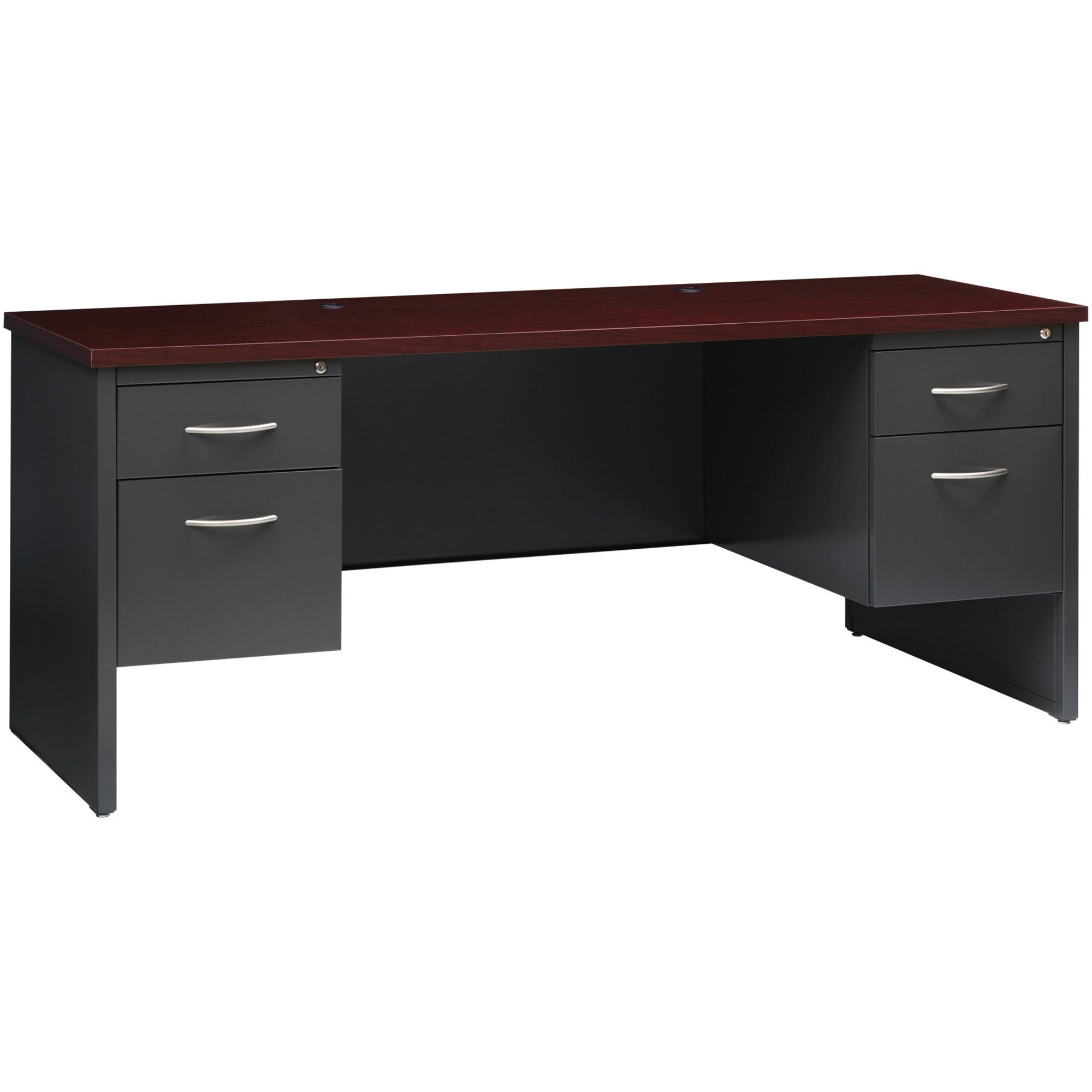 Lorell Fortress Modular Series Double-pedestal Credenza - 72" x 24" , 1.1" Top - 2 x Box, File Drawer(s) - Double Pedestal - Material: Steel - Finish: Mahogany Laminate, Charcoal - Scratch Resistant, Stain Resistant, Ball-bearing Suspension, Grommet,