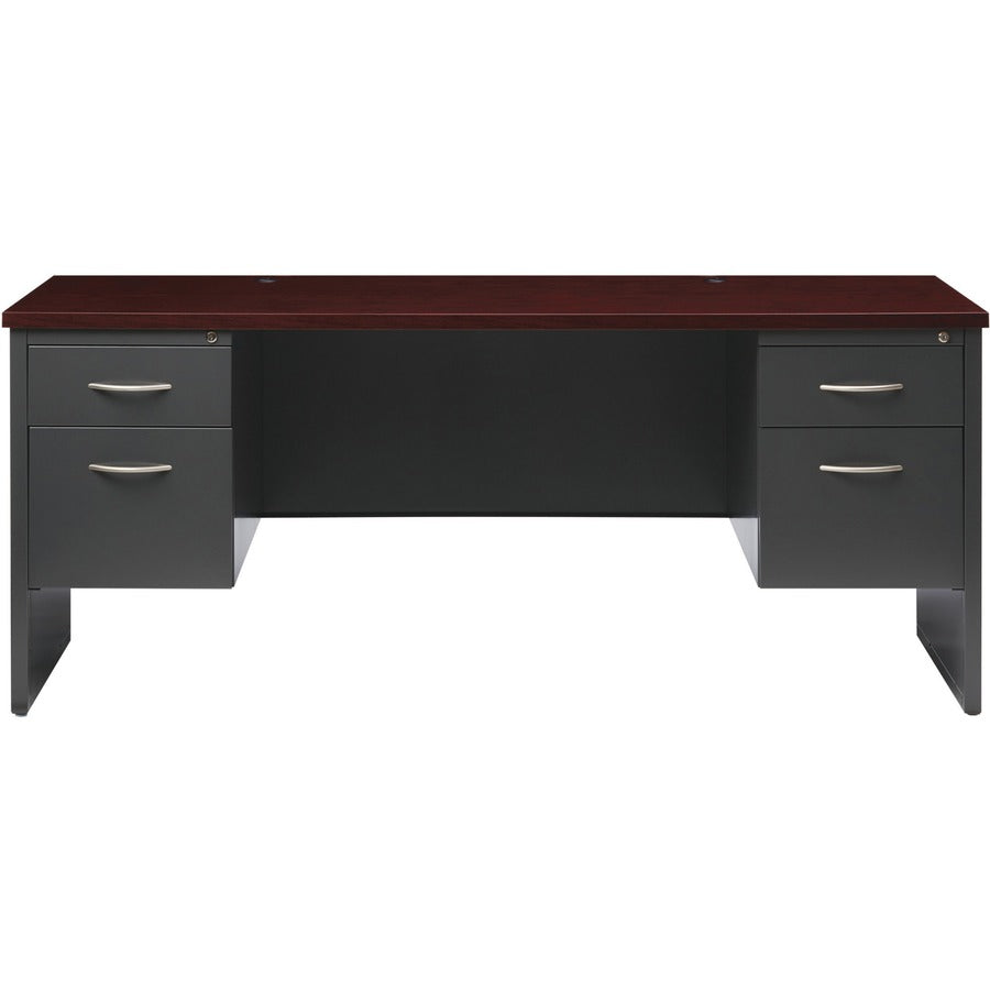 Lorell Fortress Modular Series Double-pedestal Credenza - 72" x 24" , 1.1" Top - 2 x Box, File Drawer(s) - Double Pedestal - Material: Steel - Finish: Mahogany Laminate, Charcoal - Scratch Resistant, Stain Resistant, Ball-bearing Suspension, Grommet,