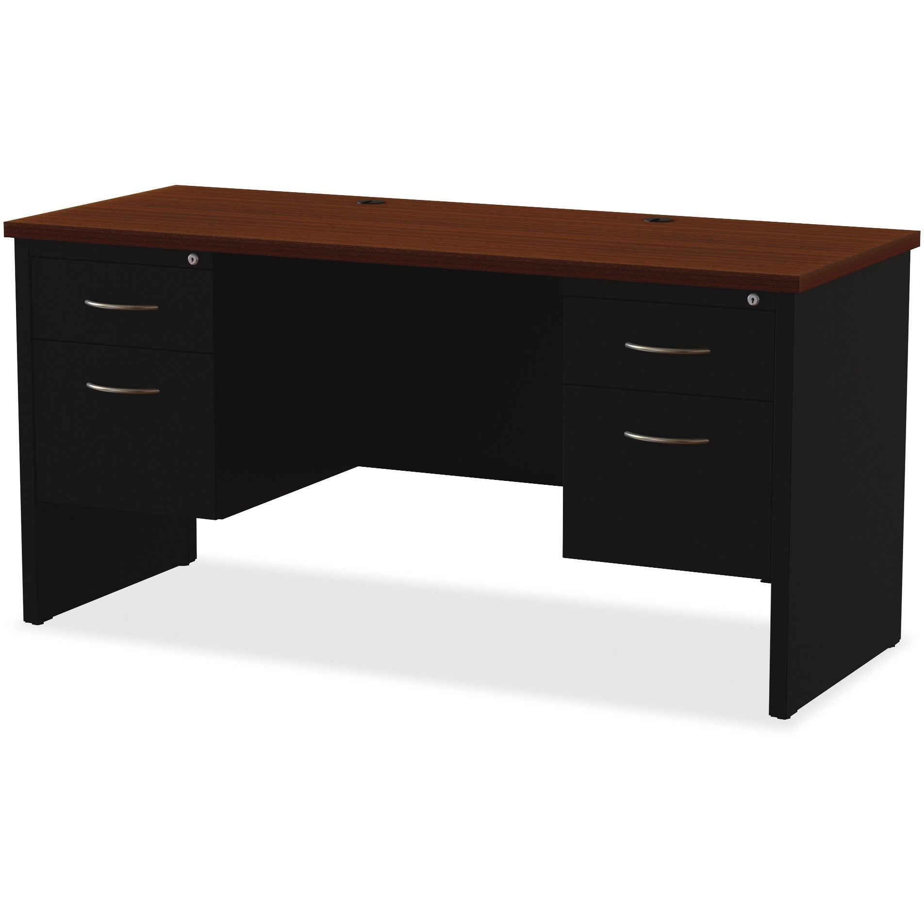 Lorell Fortress Modular Series Double-pedestal Credenza - 60" x 24" , 1.1" Top - 2 x Box, File Drawer(s) - Double Pedestal - Material: Steel - Finish: Walnut Laminate, Black - Scratch Resistant, Stain Resistant, Ball-bearing Suspension, Grommet, Hand - 