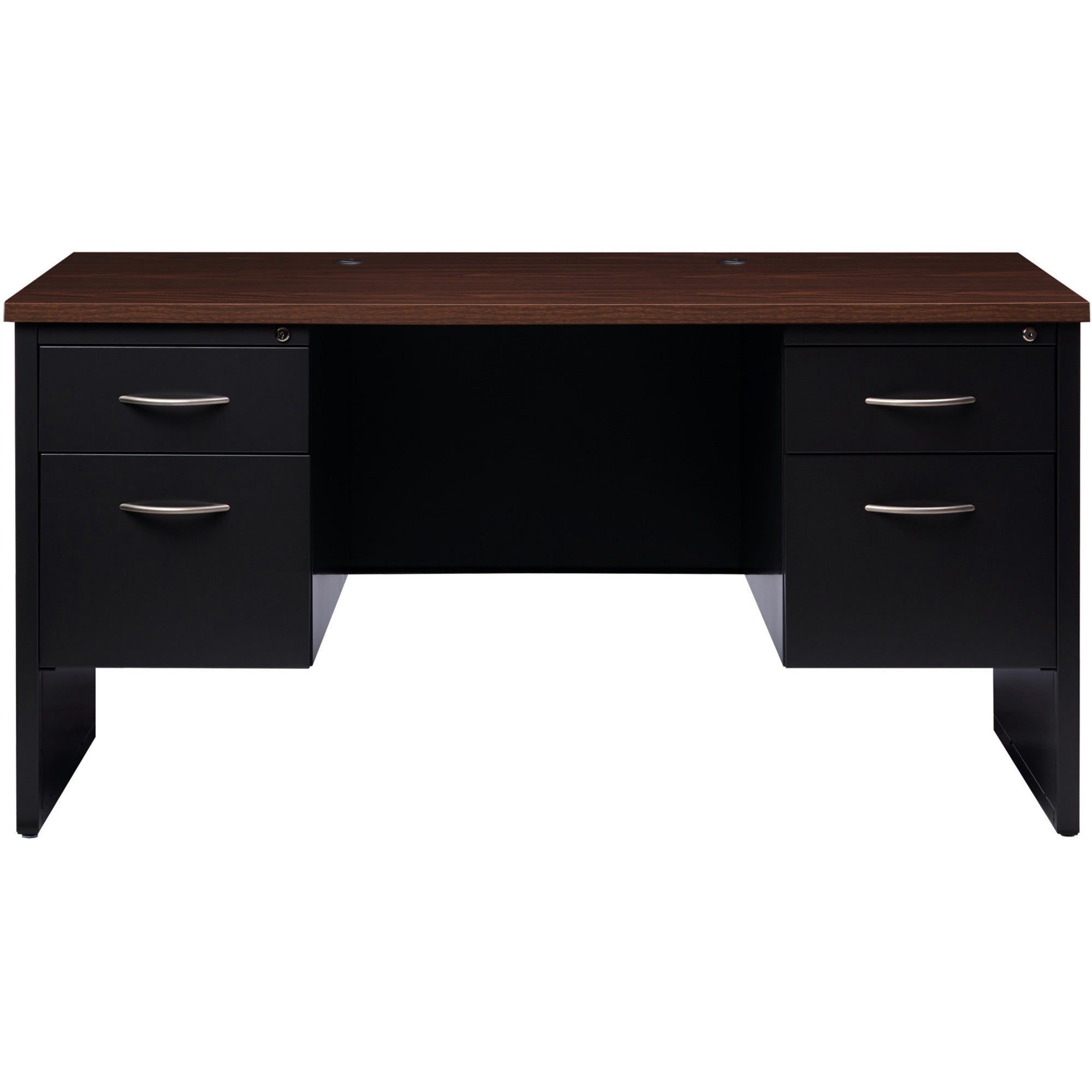 Lorell Fortress Modular Series Double-pedestal Credenza - 60" x 24" , 1.1" Top - 2 x Box, File Drawer(s) - Double Pedestal - Material: Steel - Finish: Walnut Laminate, Black - Scratch Resistant, Stain Resistant, Ball-bearing Suspension, Grommet, Hand - 