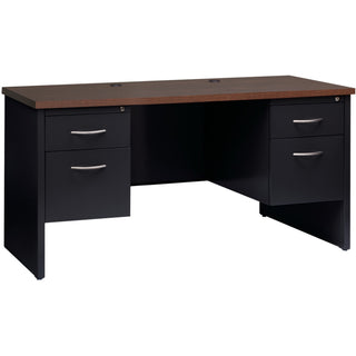 Lorell Fortress Modular Series Double-pedestal Credenza - 60" x 24" , 1.1" Top - 2 x Box, File Drawer(s) - Double Pedestal - Material: Steel - Finish: Walnut Laminate, Black - Scratch Resistant, Stain Resistant, Ball-bearing Suspension, Grommet, Hand