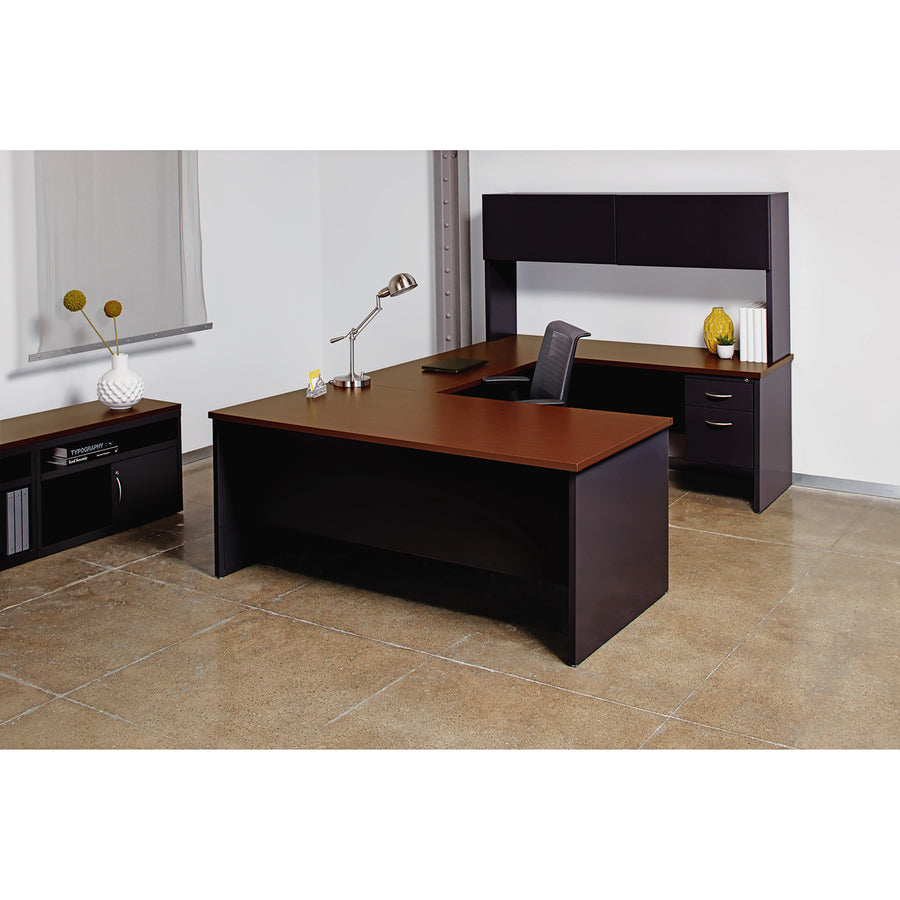 Lorell Fortress Modular Series Double-pedestal Credenza - 60" x 24" , 1.1" Top - 2 x Box, File Drawer(s) - Double Pedestal - Material: Steel - Finish: Walnut Laminate, Black - Scratch Resistant, Stain Resistant, Ball-bearing Suspension, Grommet, Hand - 