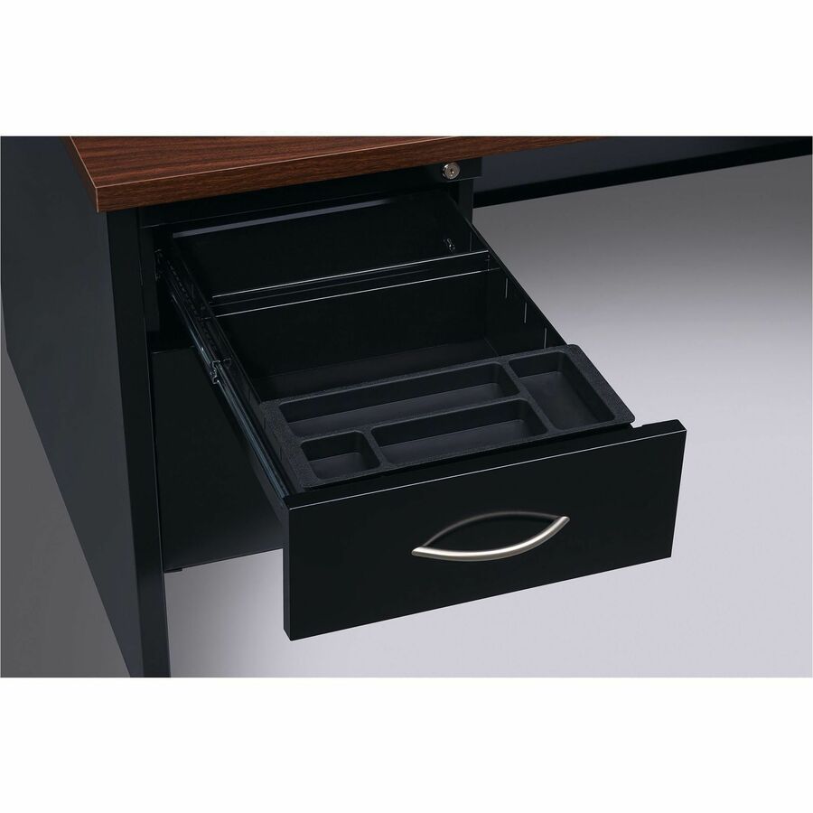 Lorell Fortress Modular Series Double-pedestal Credenza - 60" x 24" , 1.1" Top - 2 x Box, File Drawer(s) - Double Pedestal - Material: Steel - Finish: Walnut Laminate, Black - Scratch Resistant, Stain Resistant, Ball-bearing Suspension, Grommet, Hand
