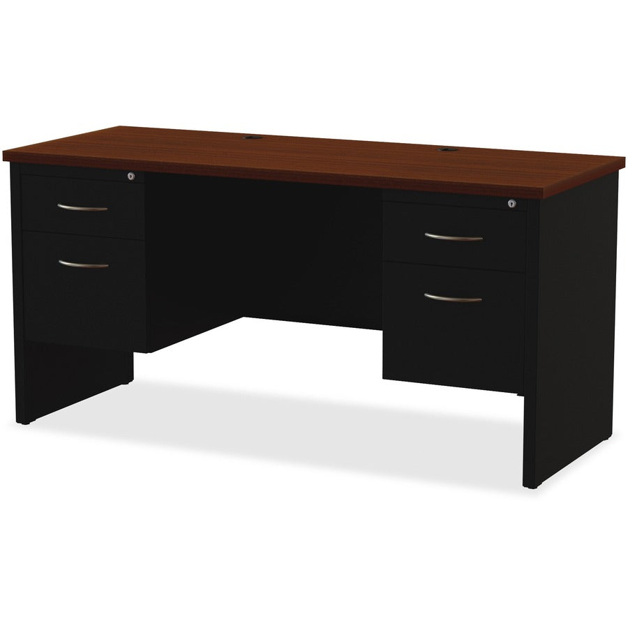 Lorell Fortress Modular Series Double-pedestal Credenza - 60" x 24" , 1.1" Top - 2 x Box, File Drawer(s) - Double Pedestal - Material: Steel - Finish: Walnut Laminate, Black - Scratch Resistant, Stain Resistant, Ball-bearing Suspension, Grommet, Hand