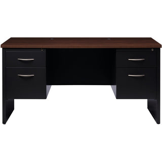 Lorell Fortress Modular Series Double-pedestal Credenza - 60" x 24" , 1.1" Top - 2 x Box, File Drawer(s) - Double Pedestal - Material: Steel - Finish: Walnut Laminate, Black - Scratch Resistant, Stain Resistant, Ball-bearing Suspension, Grommet, Hand