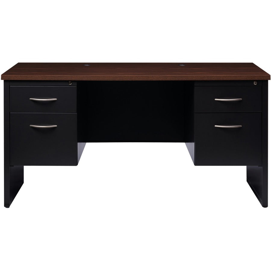 Lorell Fortress Modular Series Double-pedestal Credenza - 60" x 24" , 1.1" Top - 2 x Box, File Drawer(s) - Double Pedestal - Material: Steel - Finish: Walnut Laminate, Black - Scratch Resistant, Stain Resistant, Ball-bearing Suspension, Grommet, Hand
