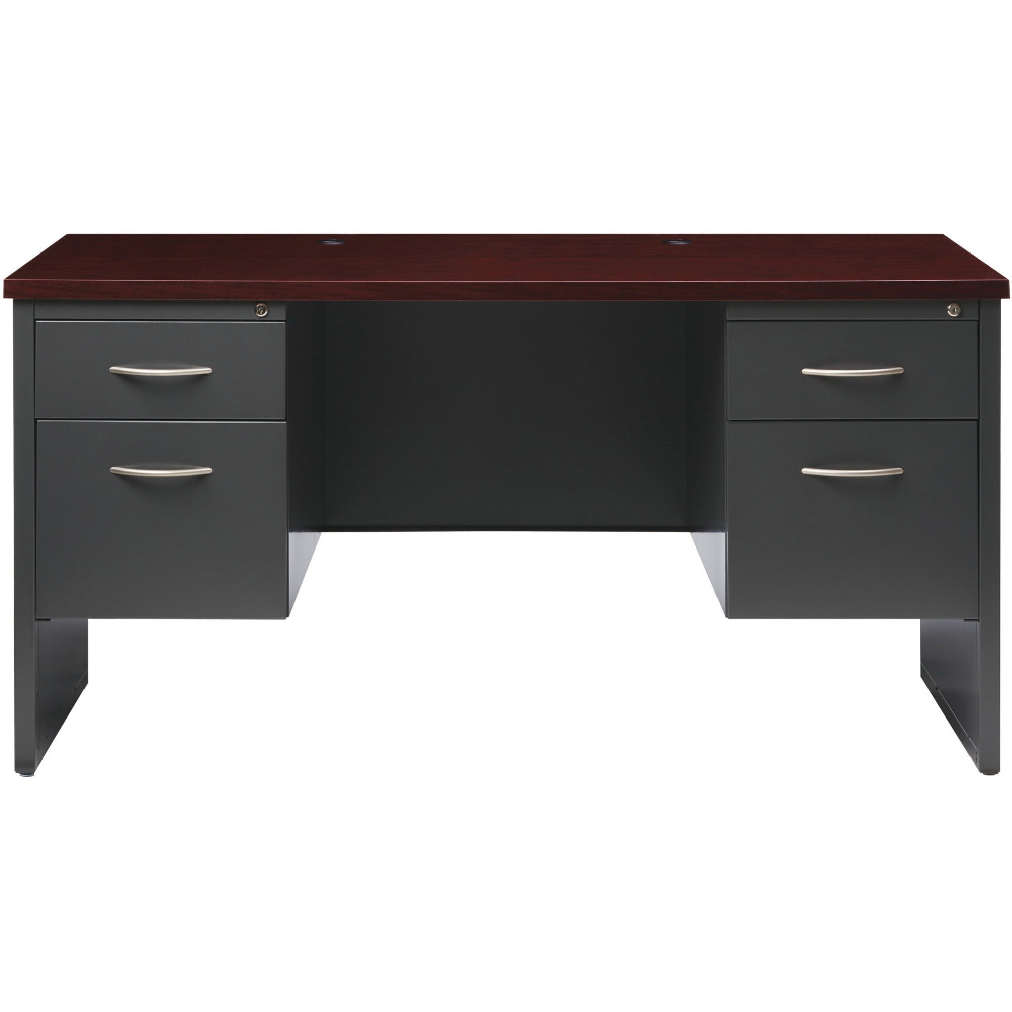 Lorell Fortress Modular Series Double-pedestal Credenza - 60" x 24" , 1.1" Top - 2 x Box, File Drawer(s) - Double Pedestal - Material: Steel - Finish: Mahogany Laminate, Charcoal - Scratch Resistant, Stain Resistant, Ball-bearing Suspension, Grommet, - 
