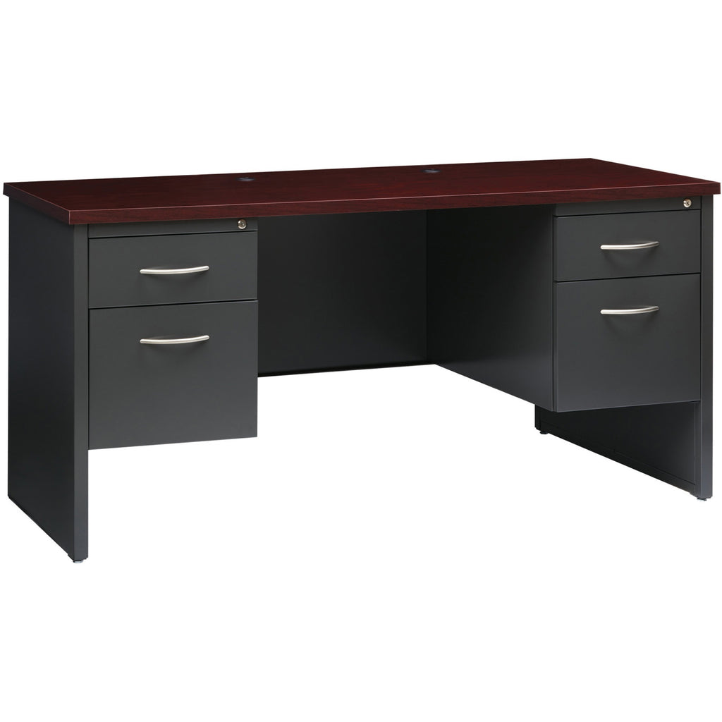 Lorell Fortress Modular Series Double-pedestal Credenza - 60" x 24" , 1.1" Top - 2 x Box, File Drawer(s) - Double Pedestal - Material: Steel - Finish: Mahogany Laminate, Charcoal - Scratch Resistant, Stain Resistant, Ball-bearing Suspension, Grommet,