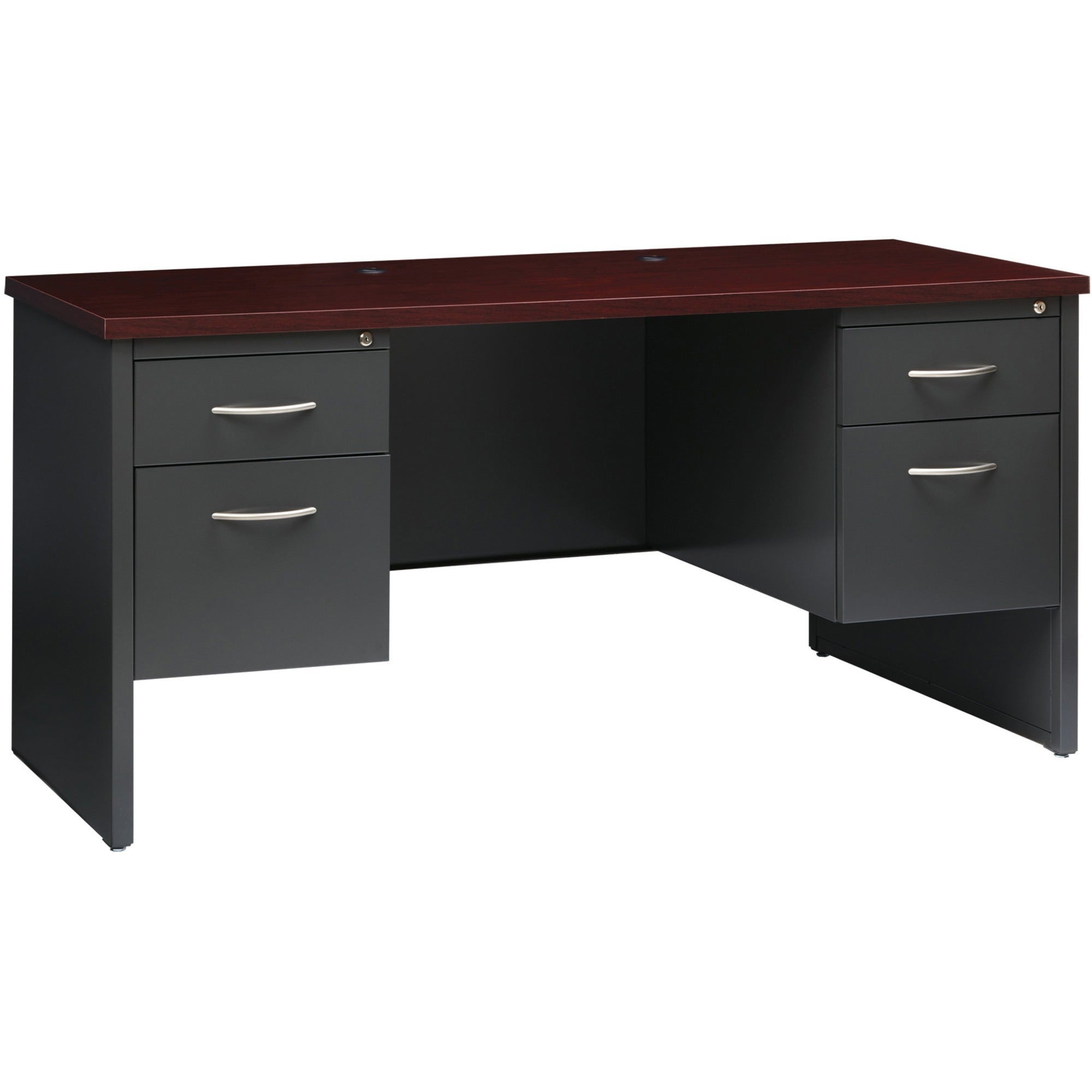 Lorell Fortress Modular Series Double-pedestal Credenza - 60" x 24" , 1.1" Top - 2 x Box, File Drawer(s) - Double Pedestal - Material: Steel - Finish: Mahogany Laminate, Charcoal - Scratch Resistant, Stain Resistant, Ball-bearing Suspension, Grommet,