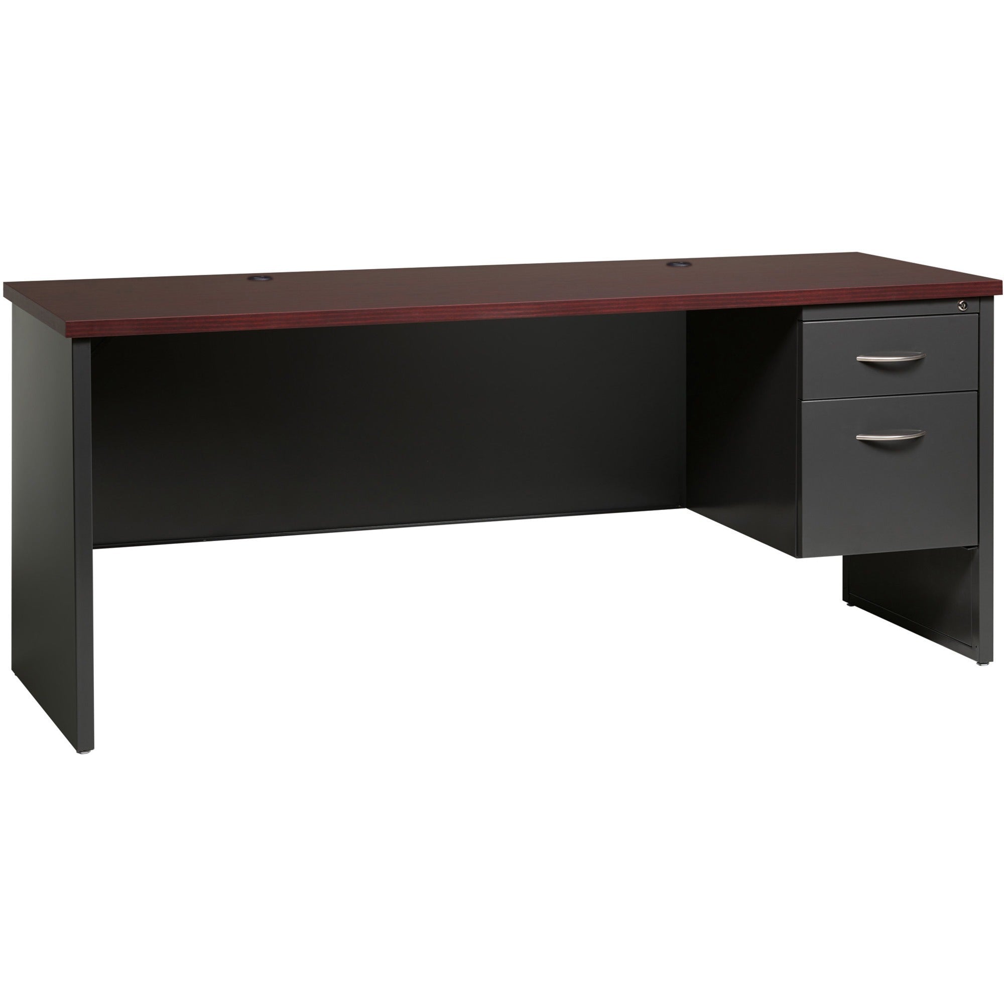 Lorell Fortress Modular Series Right-pedestal Credenza - 72" x 24" , 1.1" Top - 2 x Box, File Drawer(s) - Single Pedestal on Right Side - Material: Steel - Finish: Mahogany Laminate, Charcoal - Scratch Resistant, Stain Resistant, Ball-bearing Suspens - 