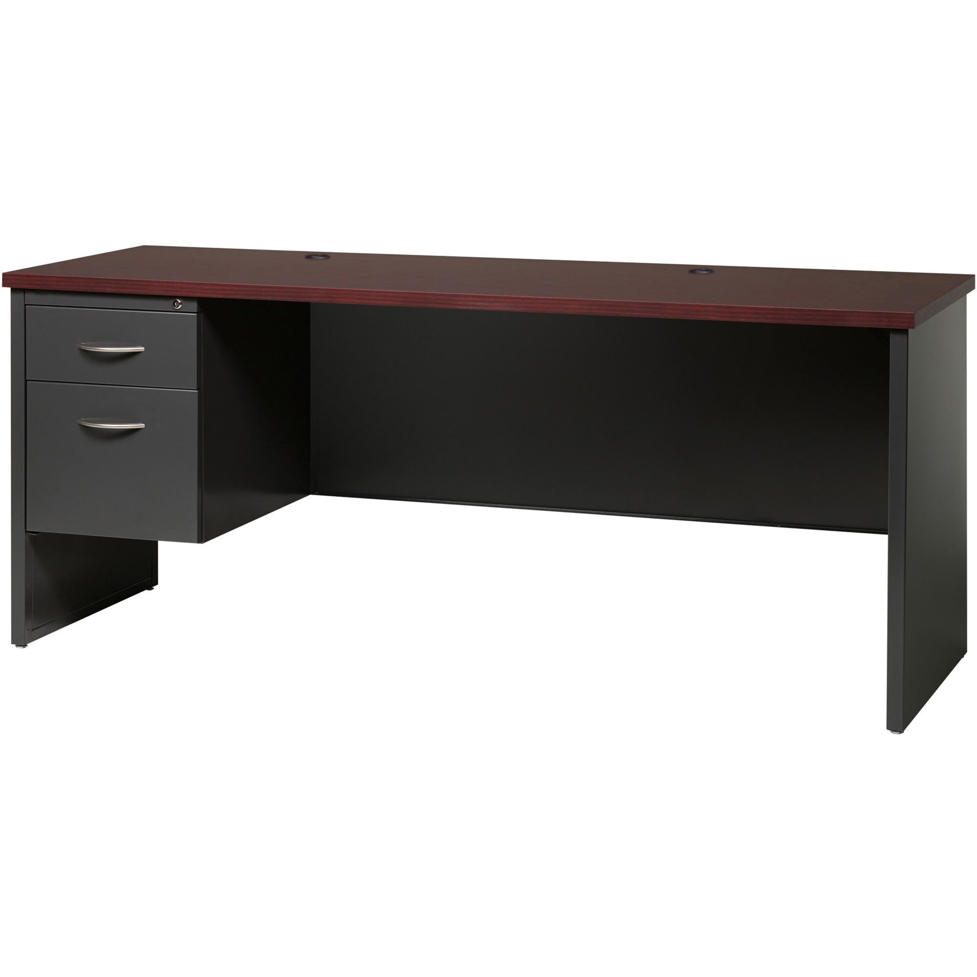 Lorell Fortress Modular Series Left-pedestal Credenza - 72" x 24" , 1.1" Top - 2 x Box, File Drawer(s) - Single Pedestal on Left Side - Material: Steel - Finish: Mahogany Laminate, Charcoal - Scratch Resistant, Stain Resistant, Ball-bearing Suspensio - 