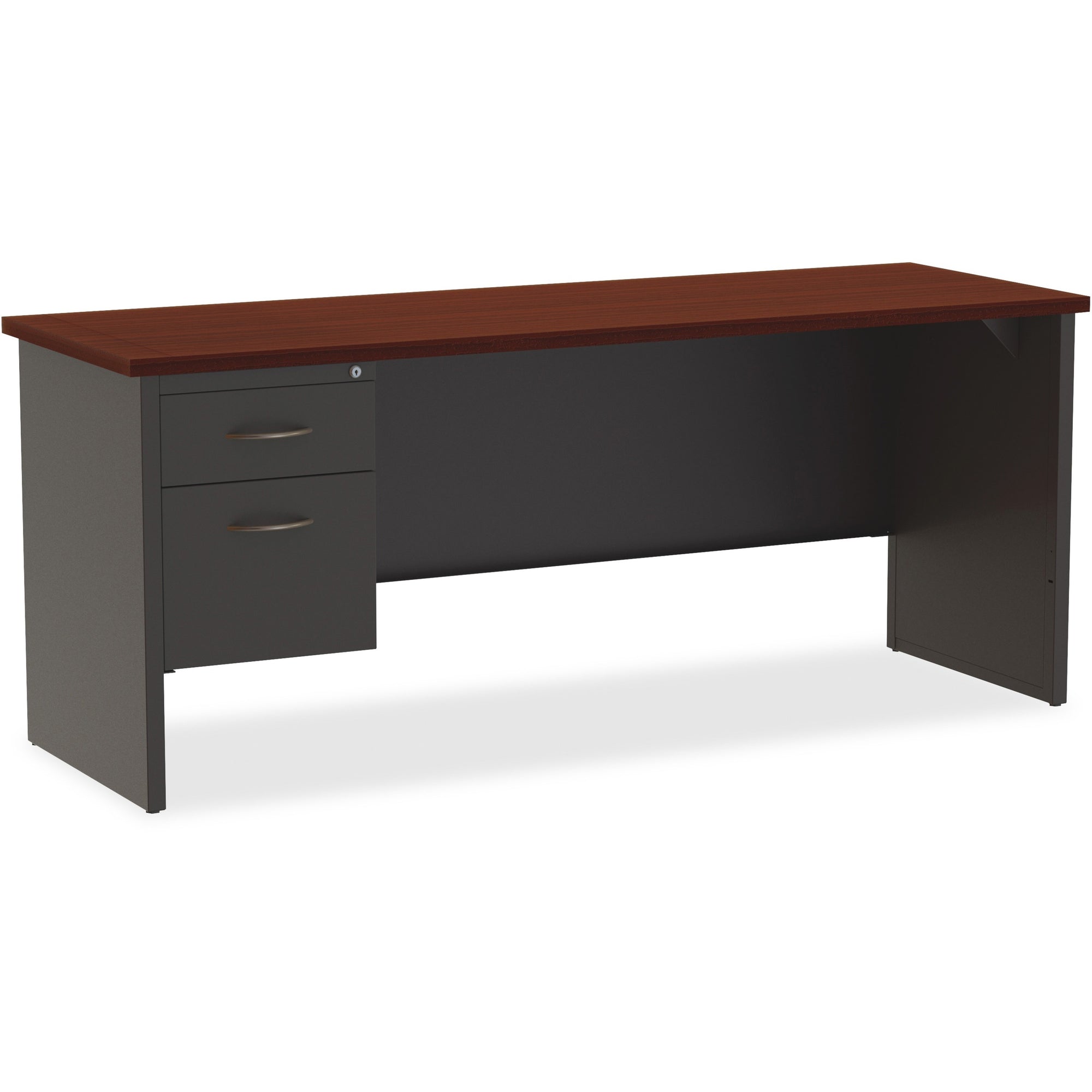 Lorell Fortress Modular Series Left-pedestal Credenza - 72" x 24" , 1.1" Top - 2 x Box, File Drawer(s) - Single Pedestal on Left Side - Material: Steel - Finish: Mahogany Laminate, Charcoal - Scratch Resistant, Stain Resistant, Ball-bearing Suspensio