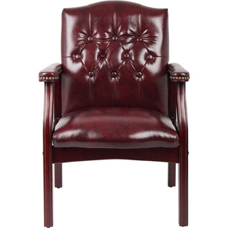 Boss Traditional Oxblood Vinyl Guest Chair with Mahogany Finish - Burgundy Vinyl Seat - Burgundy Vinyl Back - Mahogany Frame - Four-legged Base - 1 Each