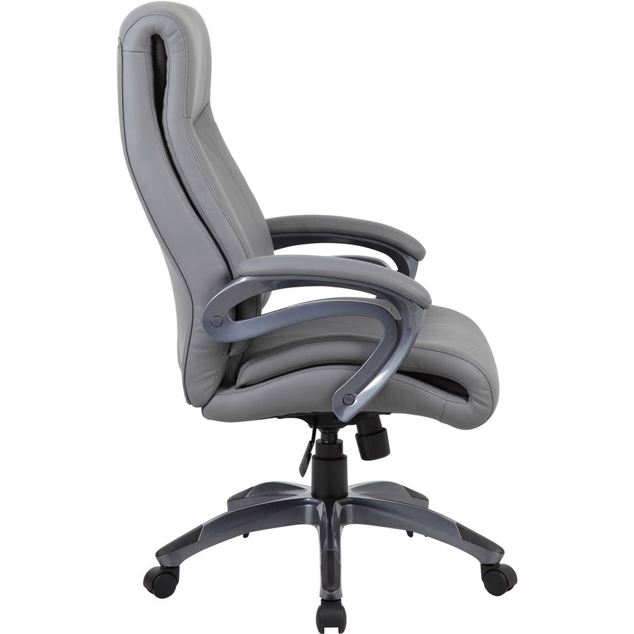 Boss Double Layer Patented Executive Chair - Gray LeatherPlus Seat - Black, Gray Nylon Frame - High Back - 5-star Base - Charcoal Gray - 1 Each