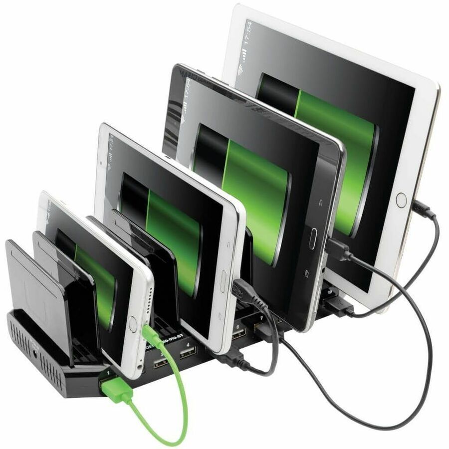 Desktop Charging Station with Adjustable Storage, 10 Devices, 9.4 x 4.7 x 1, Black