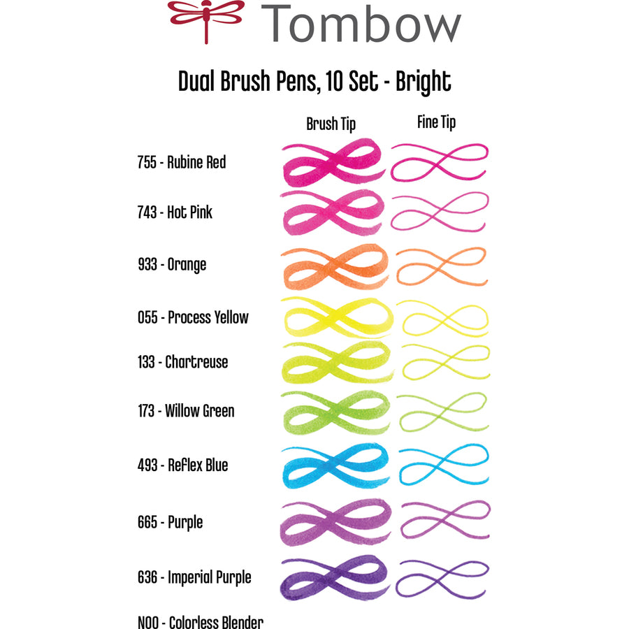 Tombow Dual Brush Pen Set - Hot Pink, Orange, Chartreuse, Willow Green, Purple, Rubine Red, Process Yellow, Reflex Blue, Imperial Purple Water Based Ink - Nylon Tip - 1 / Pack