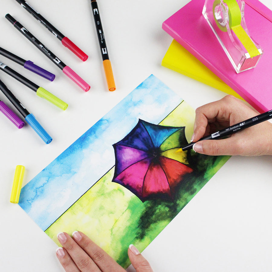 Tombow Dual Brush Pen Set - Hot Pink, Orange, Chartreuse, Willow Green, Purple, Rubine Red, Process Yellow, Reflex Blue, Imperial Purple Water Based Ink - Nylon Tip - 1 / Pack