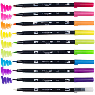 Tombow Dual Brush Pen Set - Hot Pink, Orange, Chartreuse, Willow Green, Purple, Rubine Red, Process Yellow, Reflex Blue, Imperial Purple Water Based Ink - Nylon Tip - 1 / Pack