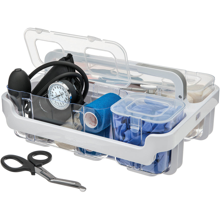 Stackable Caddy Organizer with S, M and L Containers, Plastic, 10.5 x 14 x 6.5, White Caddy/Clear Containers