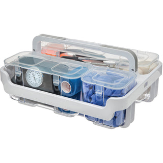 Stackable Caddy Organizer with S, M and L Containers, Plastic, 10.5 x 14 x 6.5, White Caddy/Clear Containers