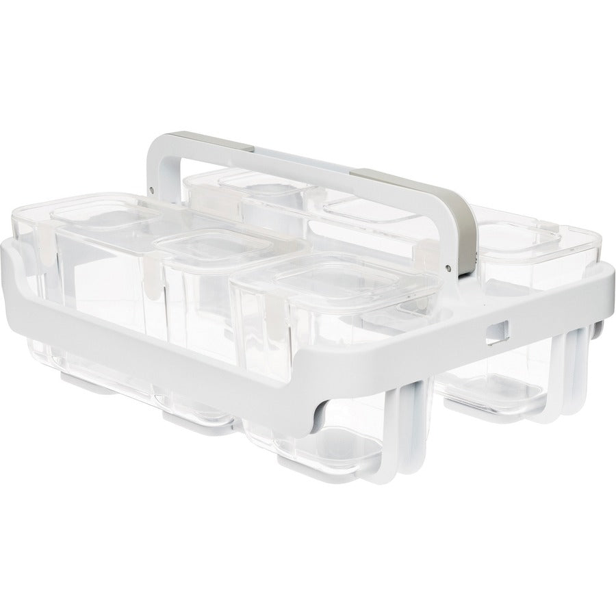 Stackable Caddy Organizer with S, M and L Containers, Plastic, 10.5 x 14 x 6.5, White Caddy/Clear Containers