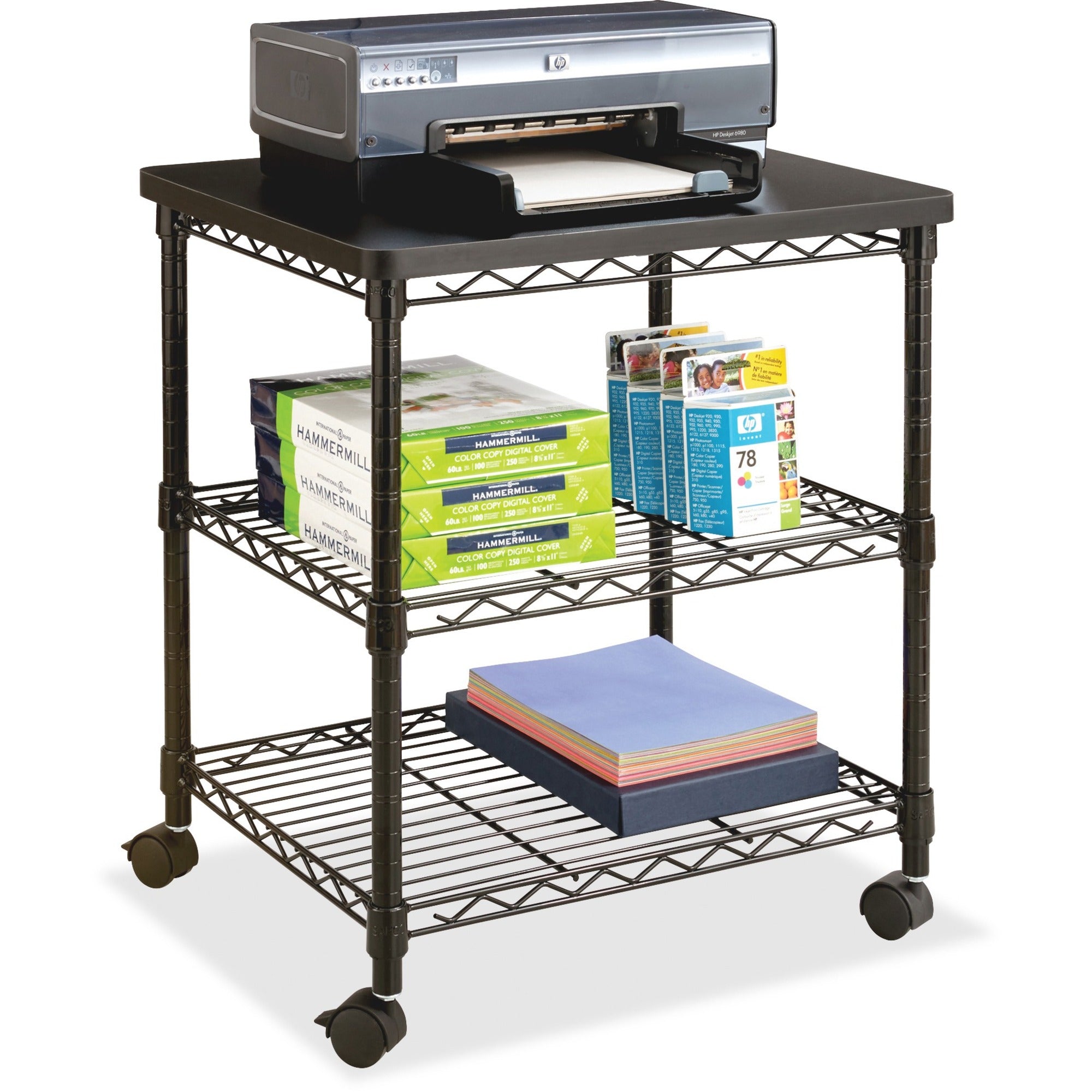 Desk Side Wire Machine Stand, Metal, 3 Shelves, 200 lb Capacity, 24" x 20" x 27", Black