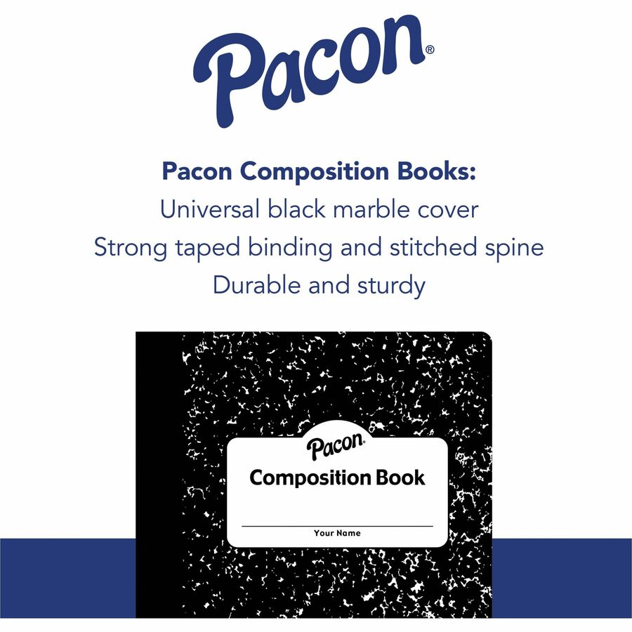 Pacon Composition Book - 100 Sheets - 200 Pages - Quad Ruled - 0.20" Ruled - 9.75" x 7.5" x 0.1" - White Paper - Black Marble Cover - Durable, Hard Cover - 1 Each - 