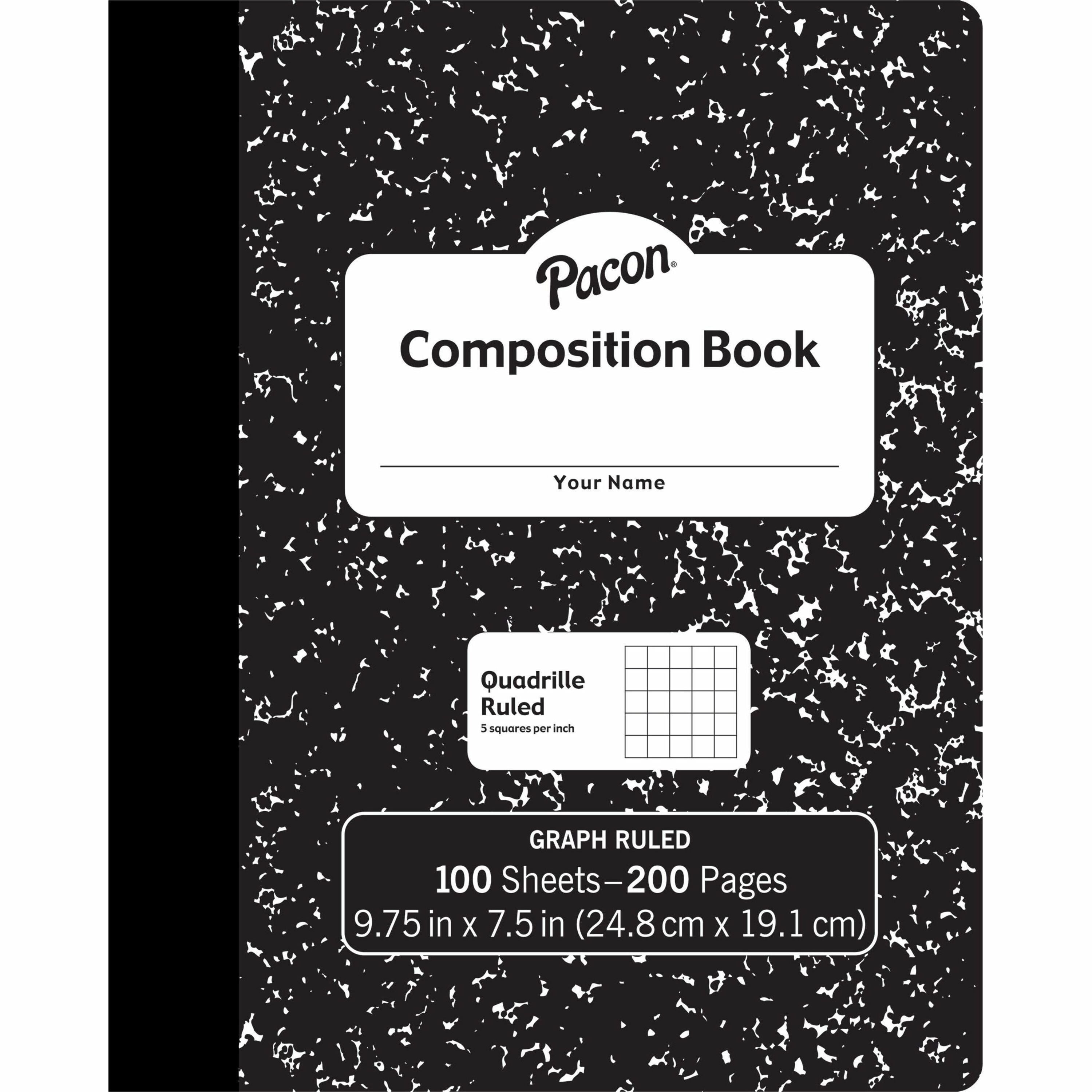 Pacon Composition Book - 100 Sheets - 200 Pages - Quad Ruled - 0.20" Ruled - 9.75" x 7.5" x 0.1" - White Paper - Black Marble Cover - Durable, Hard Cover - 1 Each - 