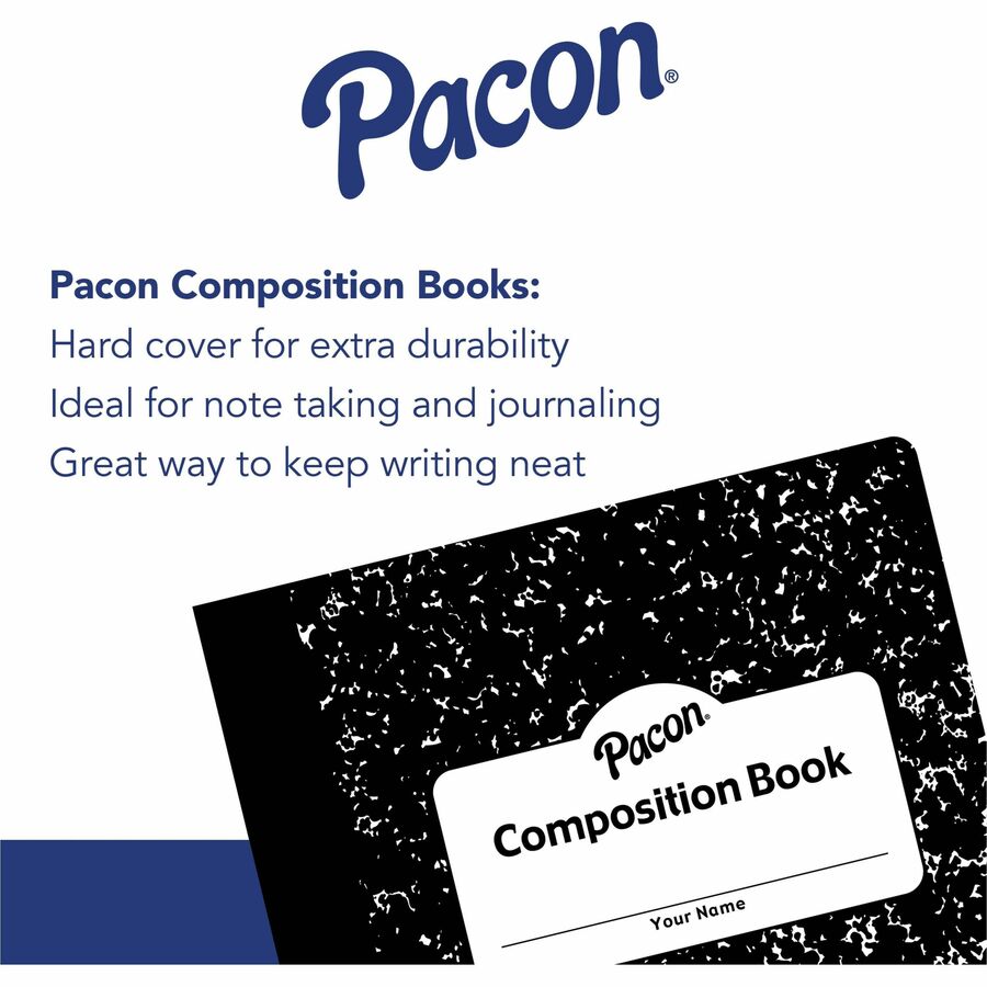 Pacon Composition Book - 100 Sheets - 200 Pages - Wide Ruled - 0.38" Ruled - Red Margin - 9.75" x 7.5" x 0.1" - White Paper - Black Marble Cover - Durable, Hard Cover - 1 Each - 